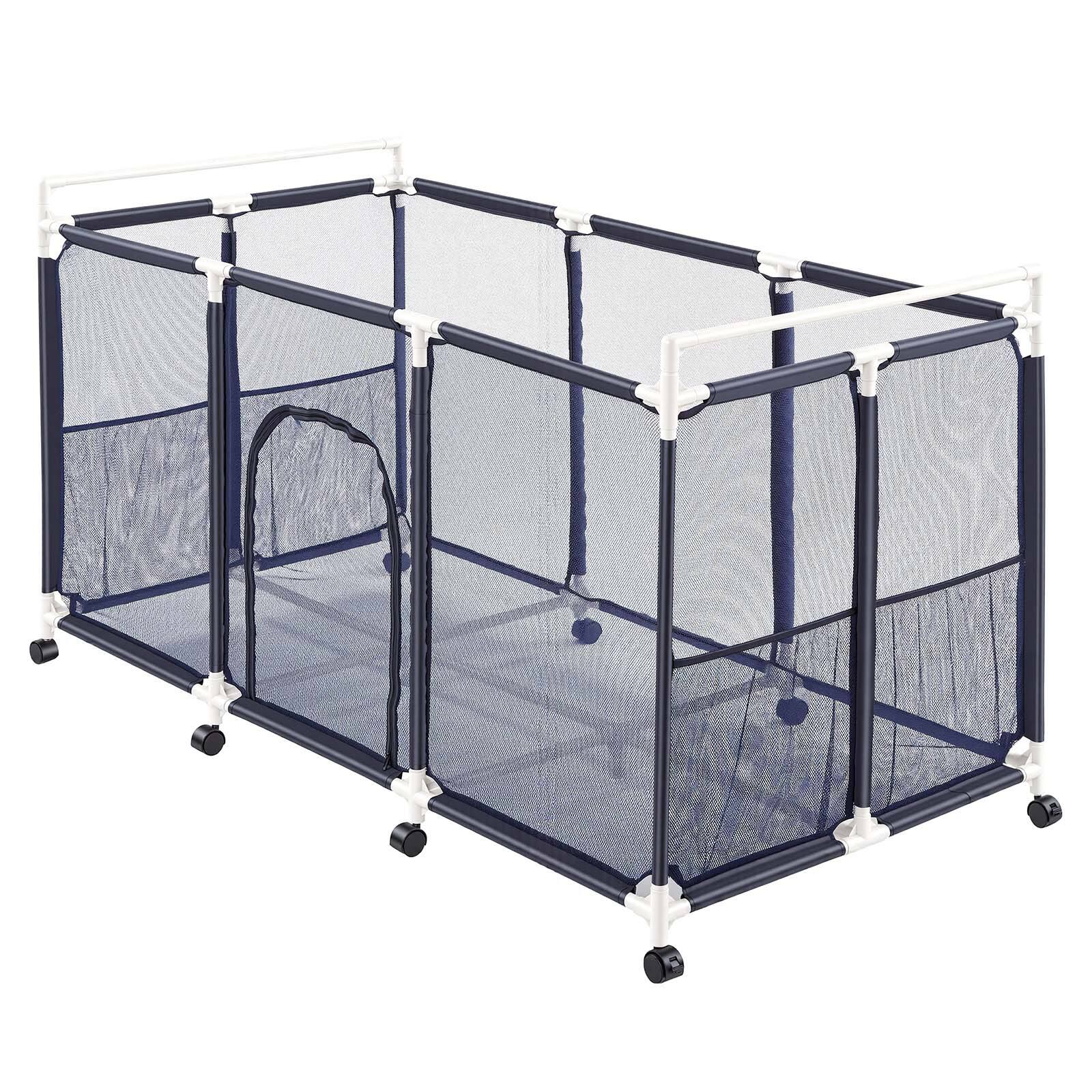 Alt View 5. VEVOR - Pool Storage Bin, 62.6 x 32 x 36 in, Rolling Pool Float Storage Organizer with Side Pockets & Casters - White Frame, White Connectors & Blue Mesh Fabric.