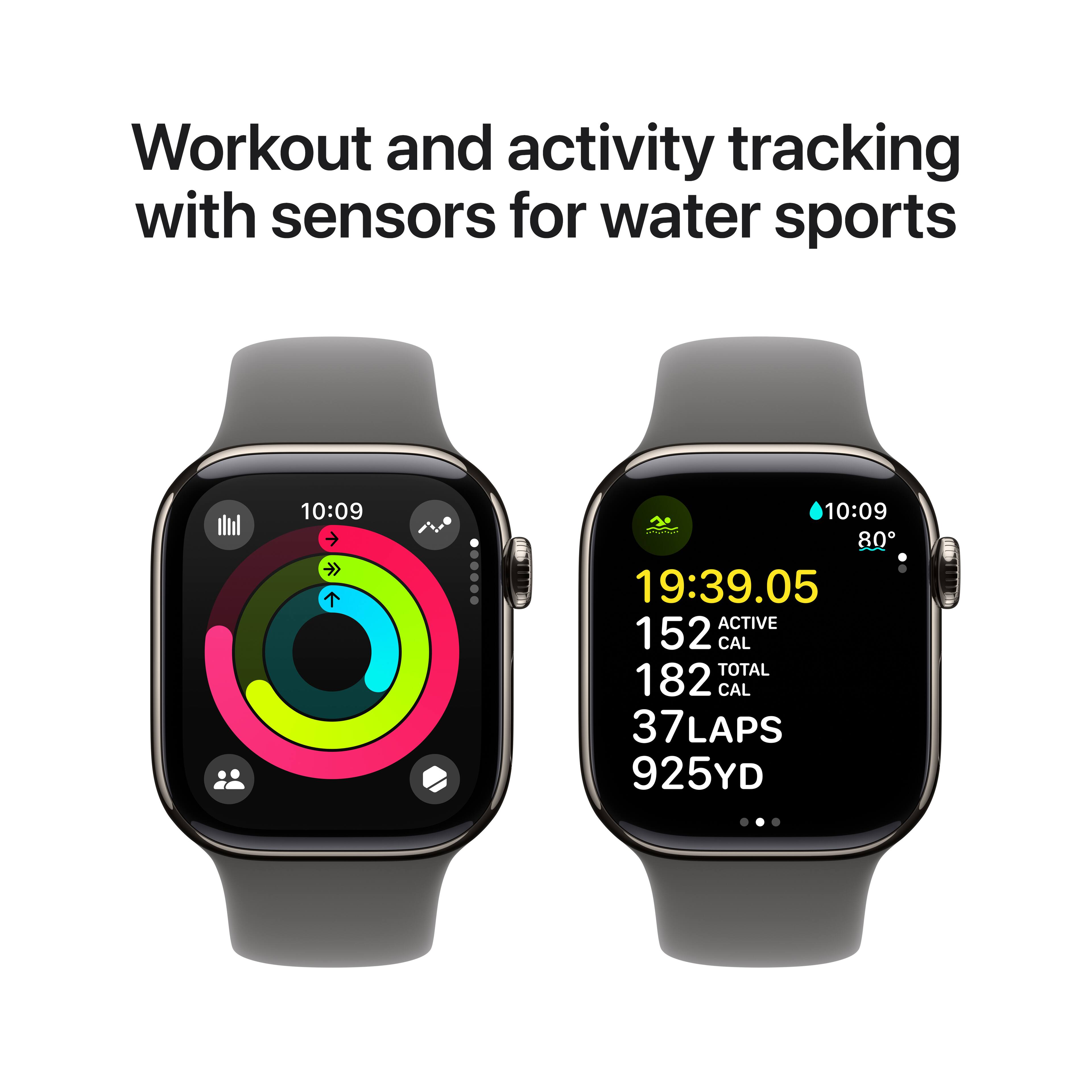 Workout and activity tracking with sensors for water sports: 10:09 10:09 80 19:39.05 ACTIVE 152 CAL TOTAL 182 CAL 37 LAPS 925YD.