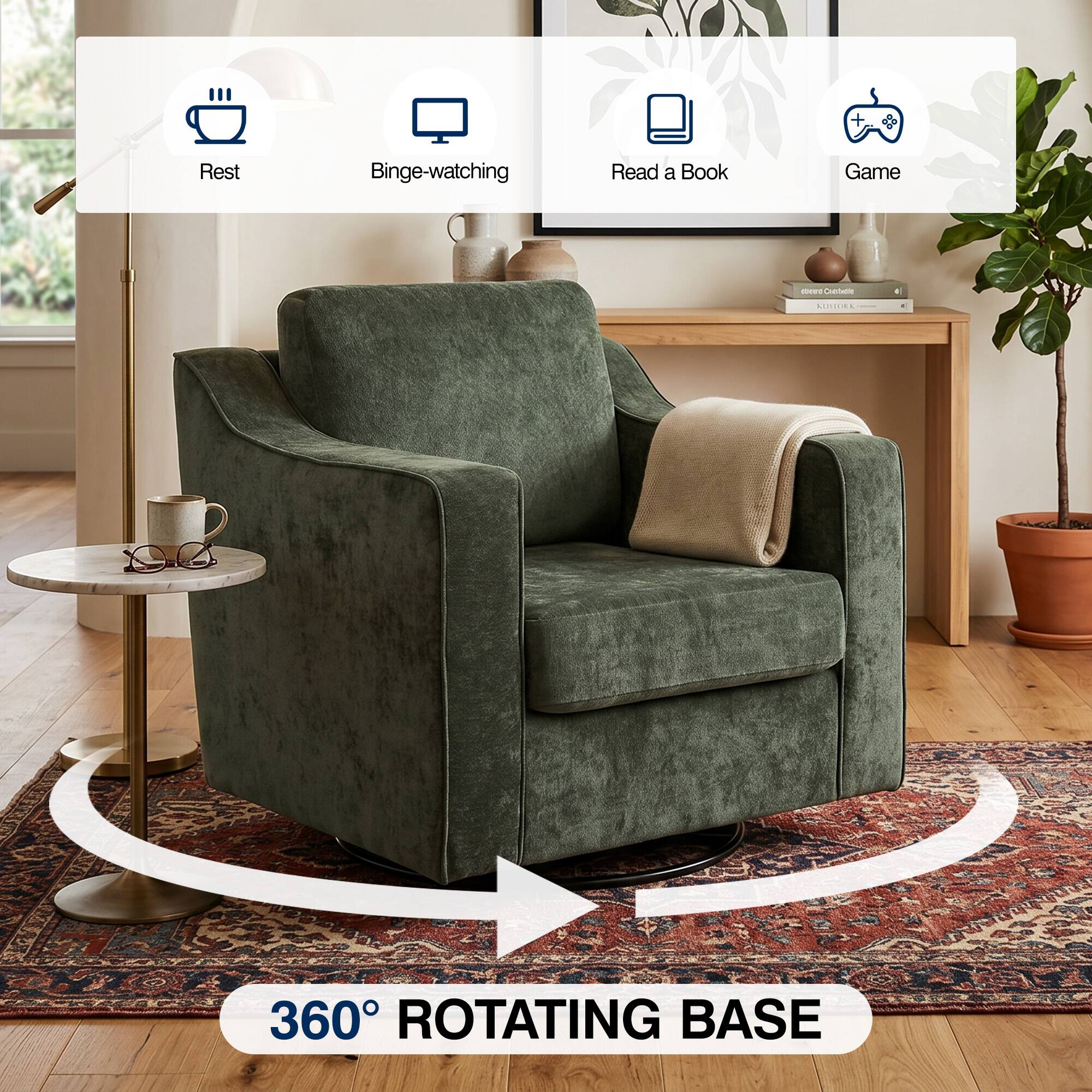 - Rest
- Binge-watching
- Read a Book
- Game

360° ROTATING BASE