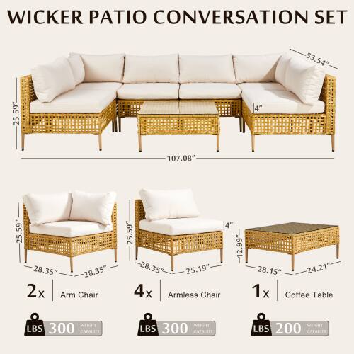 WICKER PATIO CONVERSATION SET

- 53.54" x 25.59" x 4" x 107.08" - 25.59" x 28.35" x 28.35" x 2" Arm Chair
- 25.59" x 12.99" x 28.35" x 25.19" x 4" x 28.15" x 24.21" x 4" Armless Chair
- 1x Coffee Table

WEIGHT LBS 300 CAPACITY
WEIGHT LBS 300 CAPACITY
WEIGHT LBS 200 CAPACITY