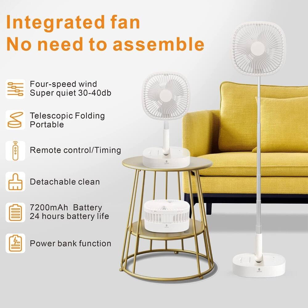 Integrated fan  
No need to assemble  

Four-speed wind  
Super quiet 30-40db  

Telescopic Folding  
Portable  

Remote control/Timing  

Detachable clean  

7200mAh Battery  
24 hours battery life  

Power bank function