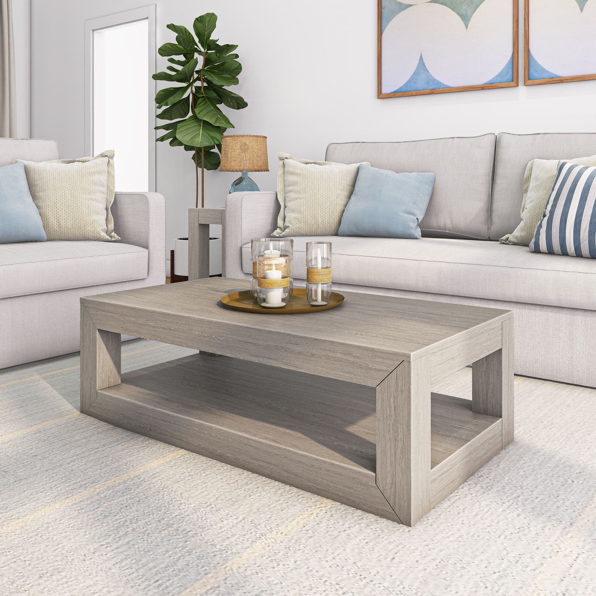 Front. Plank+Beam - Modern Rectangular Coffee Table with Bottom Shelf (48in x 24in / 1220mm x 610mm), Seashell Wirebrush - Seashell Wirebrush.