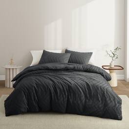 Peace Nest - Tufted Clipped Jacquard Geometric Duvet Cover & Pillowcase Set - Wave Black