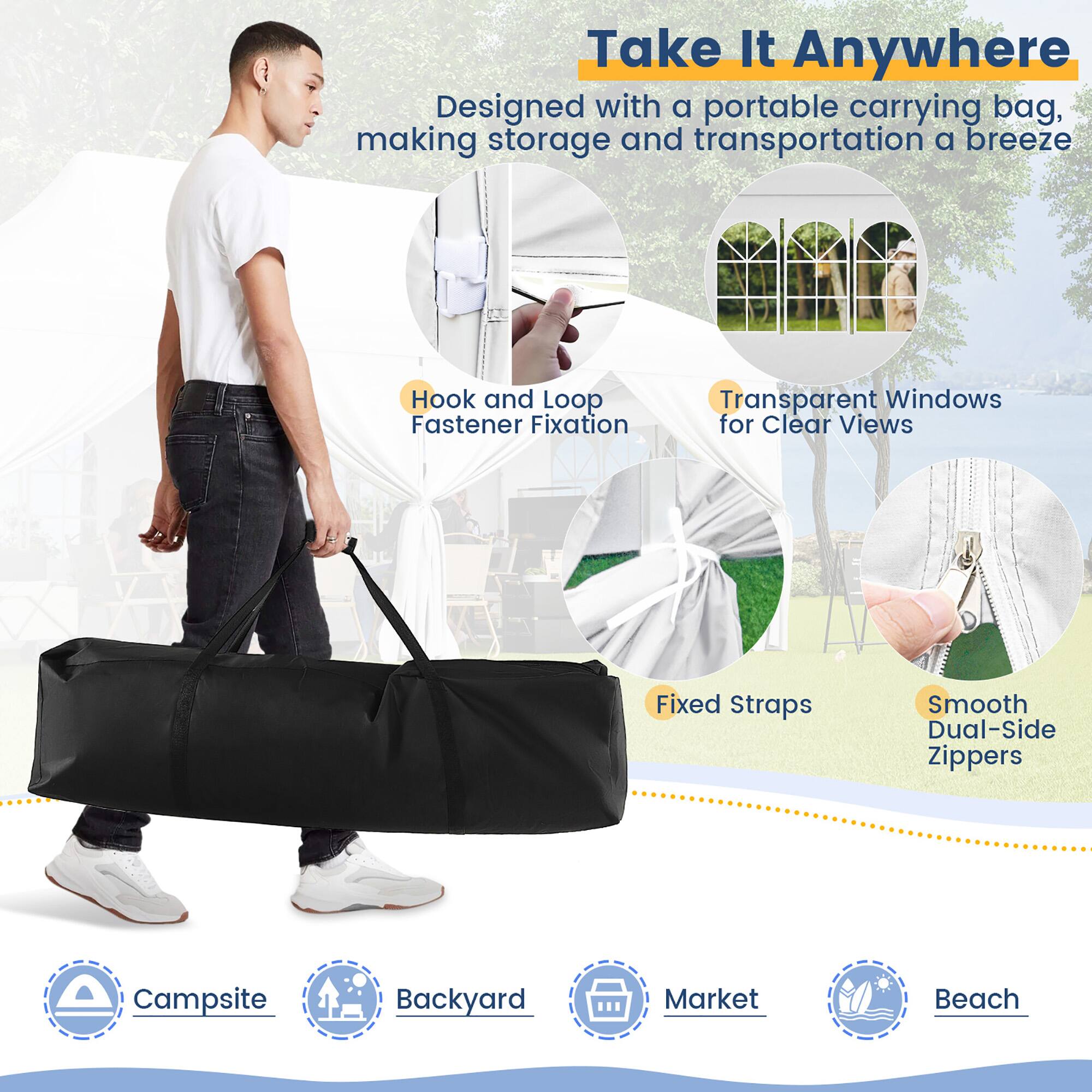 Take It Anywhere  
Designed with a portable carrying bag, making storage and transportation a breeze.  

Features:  
- Hook and Loop Fastener Fixation  
- Transparent Windows for Clear Views  
- Fixed Straps  
- Smooth Dual-Side Zippers  

Ideal for:  
- Campsite  
- Backyard  
- Market  
- Beach