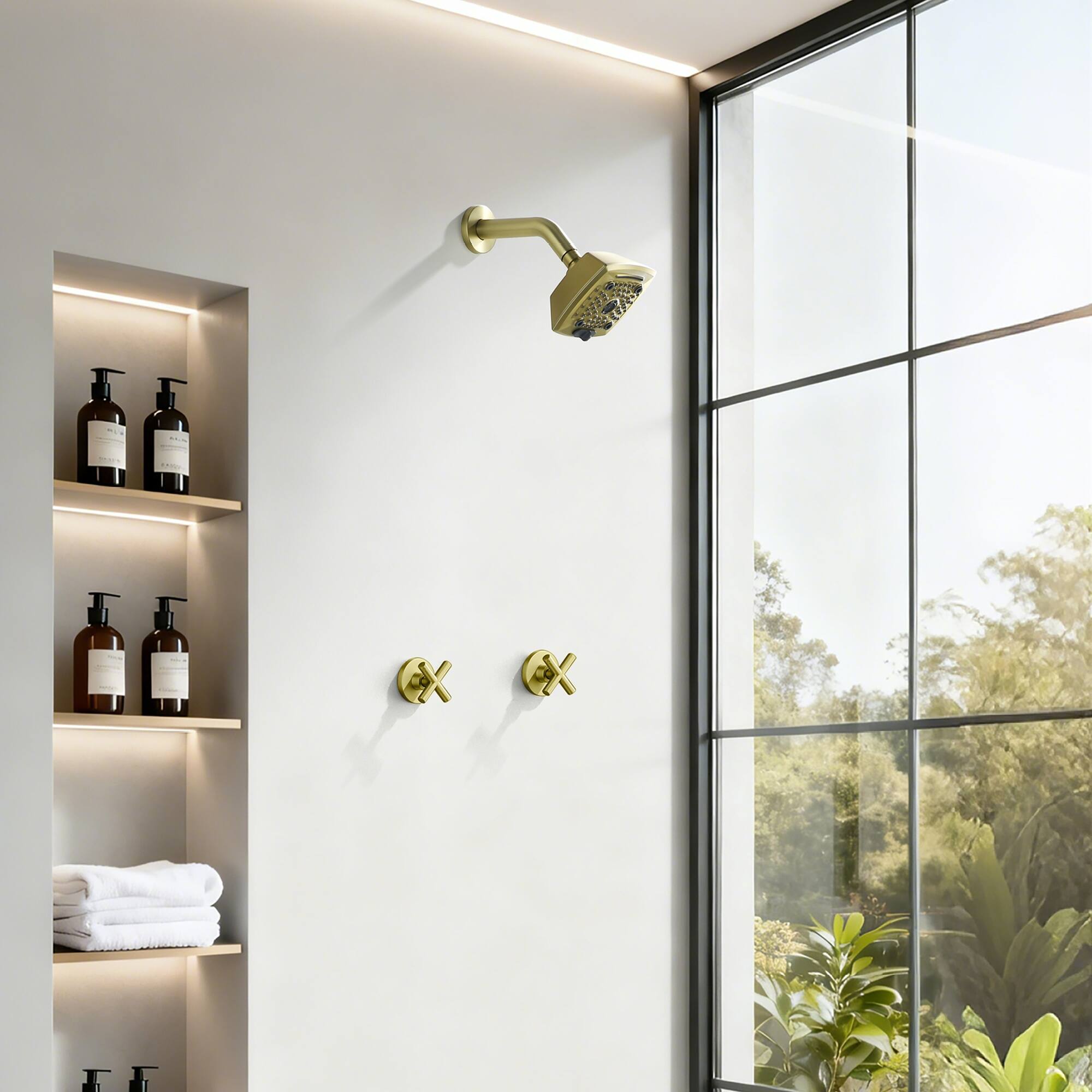 Alt View 1. Boyel Living - Brushed Gold Shower Set Brass SUS304 Dual Handle 5-Function ABS Top Spray 1/2NPT - Brushed Gold.