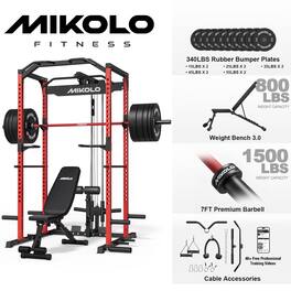 Mikolo - Multi-Functional Squat Rack with LAT Pulldown System Exercise Power Cages,Metal - Red