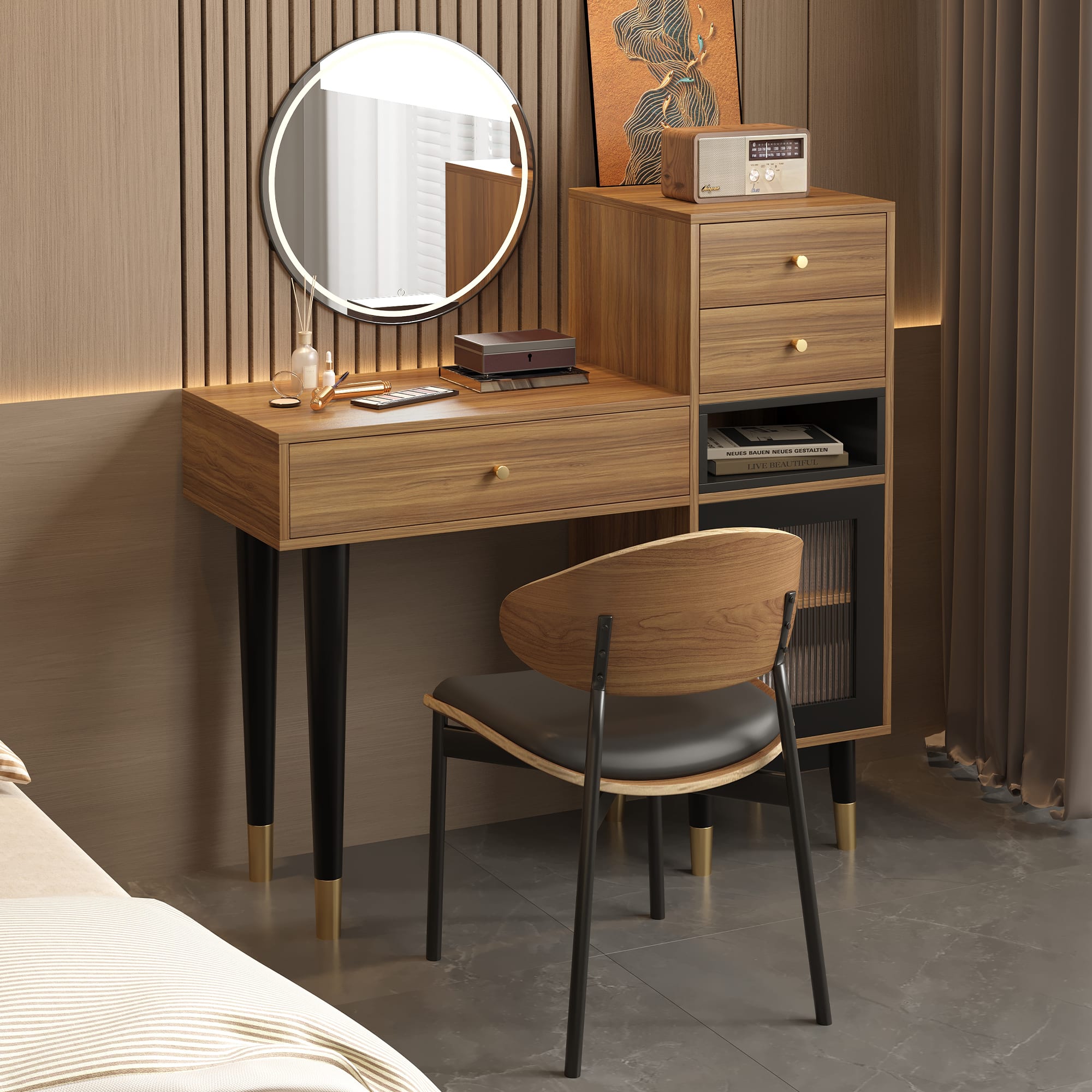 "luck idea - 39.76"" Mid-Century Modern Vanity Desk with Storage Drawers, Makeup Table with Side Cabinet, Wood Dressing Table with Met - Brown" price history on PriceWatchPro