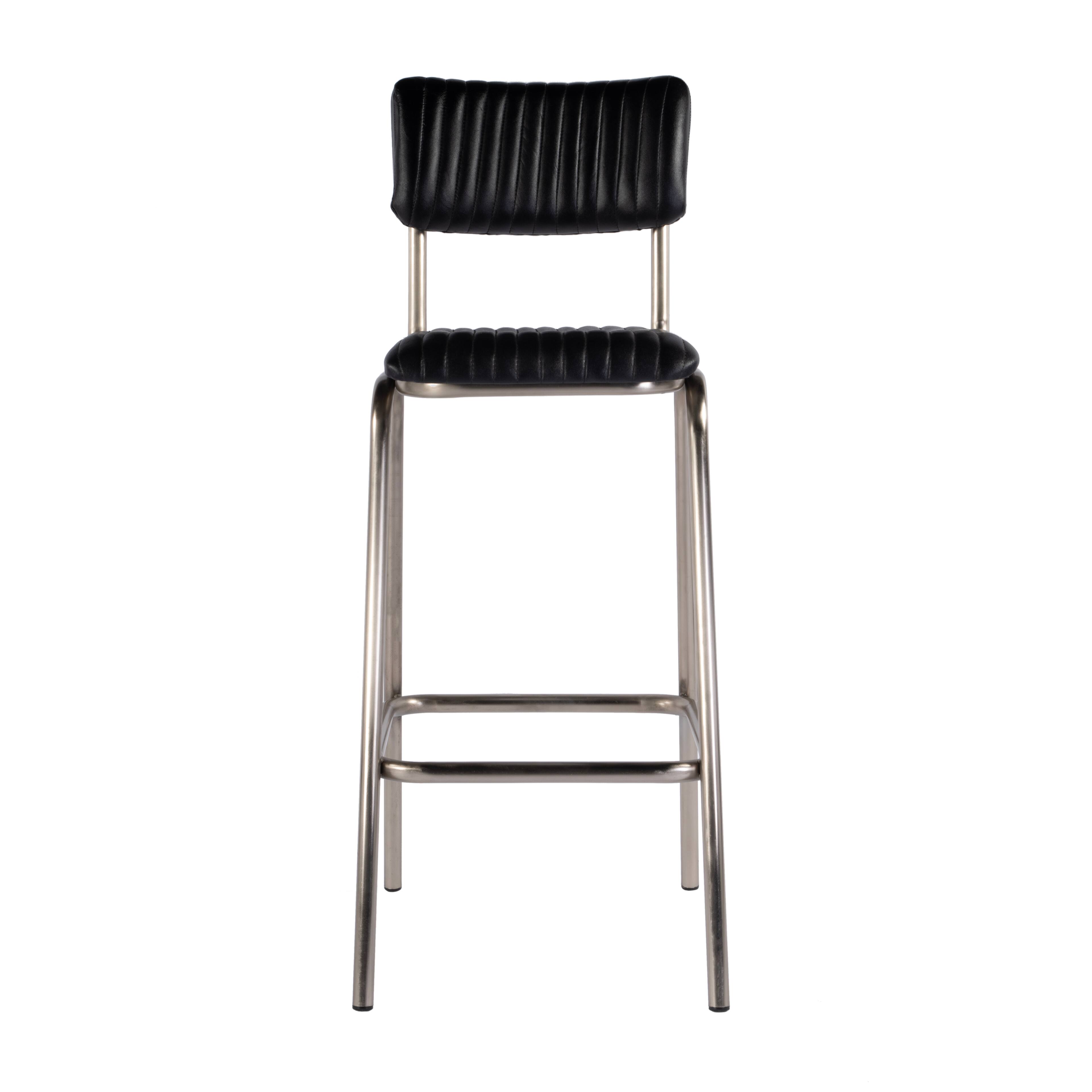Alt View 4. Butler Specialty - Waylon 31.5 in. Seat Height Leather and Iron Bar Height Stool with Back and Footrest, Black, Silver - Black,Silver.