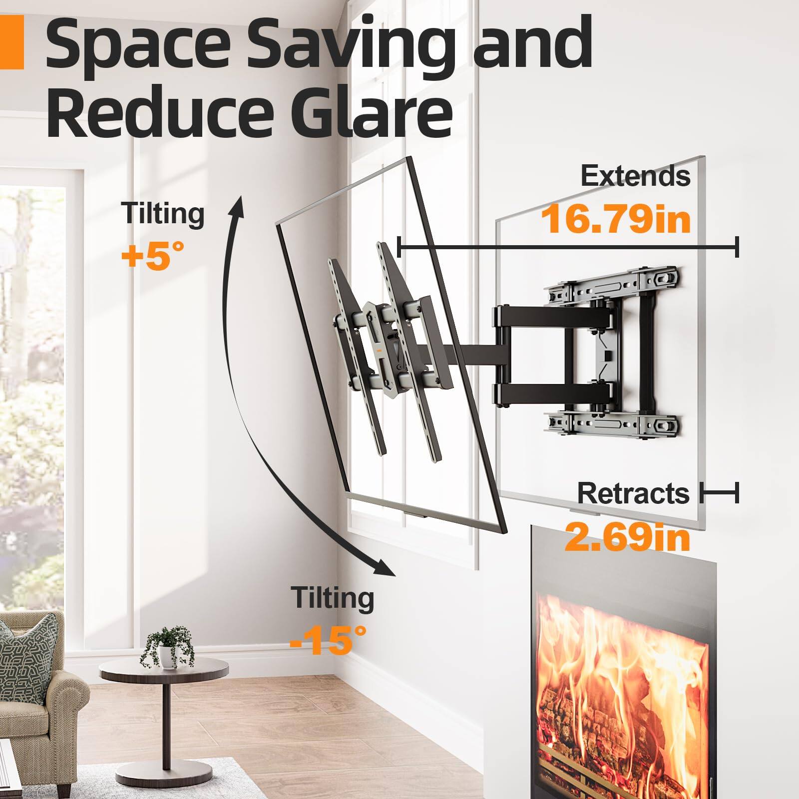 Space Saving and Reduce Glare

Extends 16.79in

Retracts 2.69in

Tilting +5°

Tilting -15°