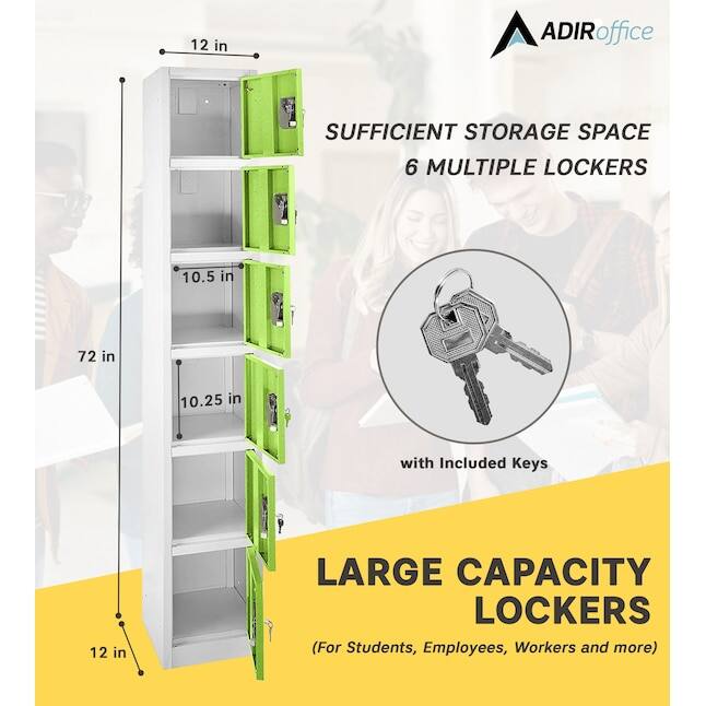 ADIRoffice, SUFFICIENT STORAGE SPACE, 6 MULTIPLE LOCKERS, 12 in, 72 in, 10.5 in, 10.25 in, with Included Keys, LARGE CAPACITY LOCKERS (For Students, Employees, Workers and more)