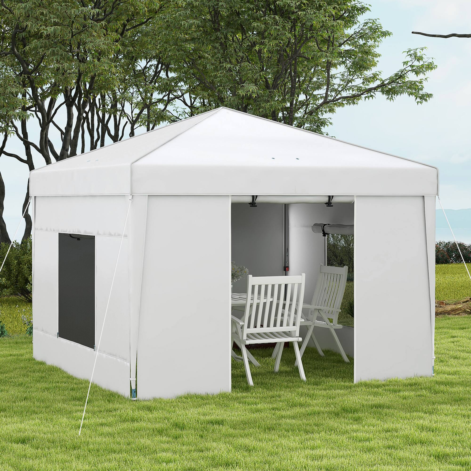 Angle. Outsunny - Outsunny 9.7' x 9.7' Pop Up Canopy with Sidewalls, Portable Canopy Tent with 2 Mesh Windows - White.