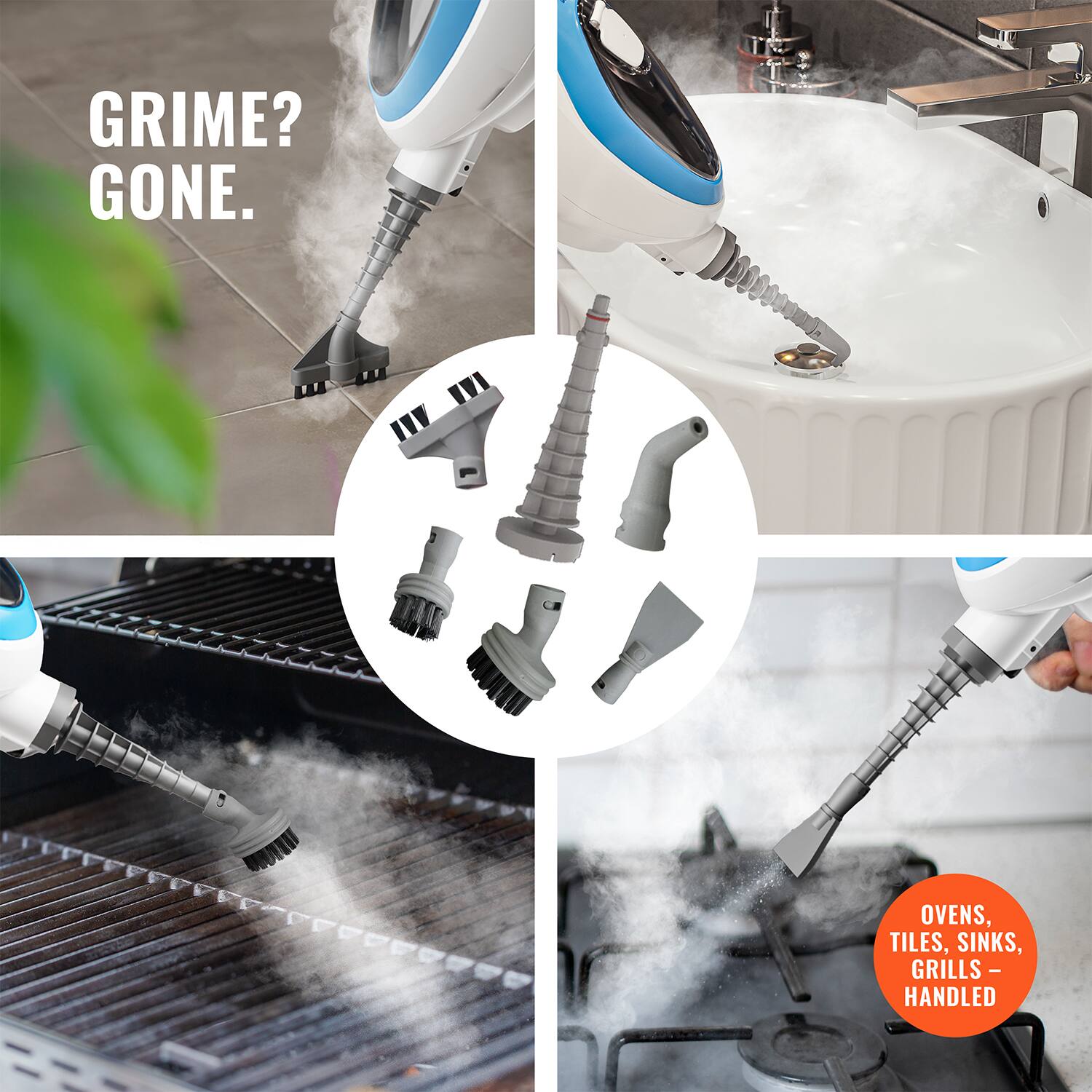 GRIME? GONE.
OVENS, TILES, SINKS, GRILLS - HANDLED