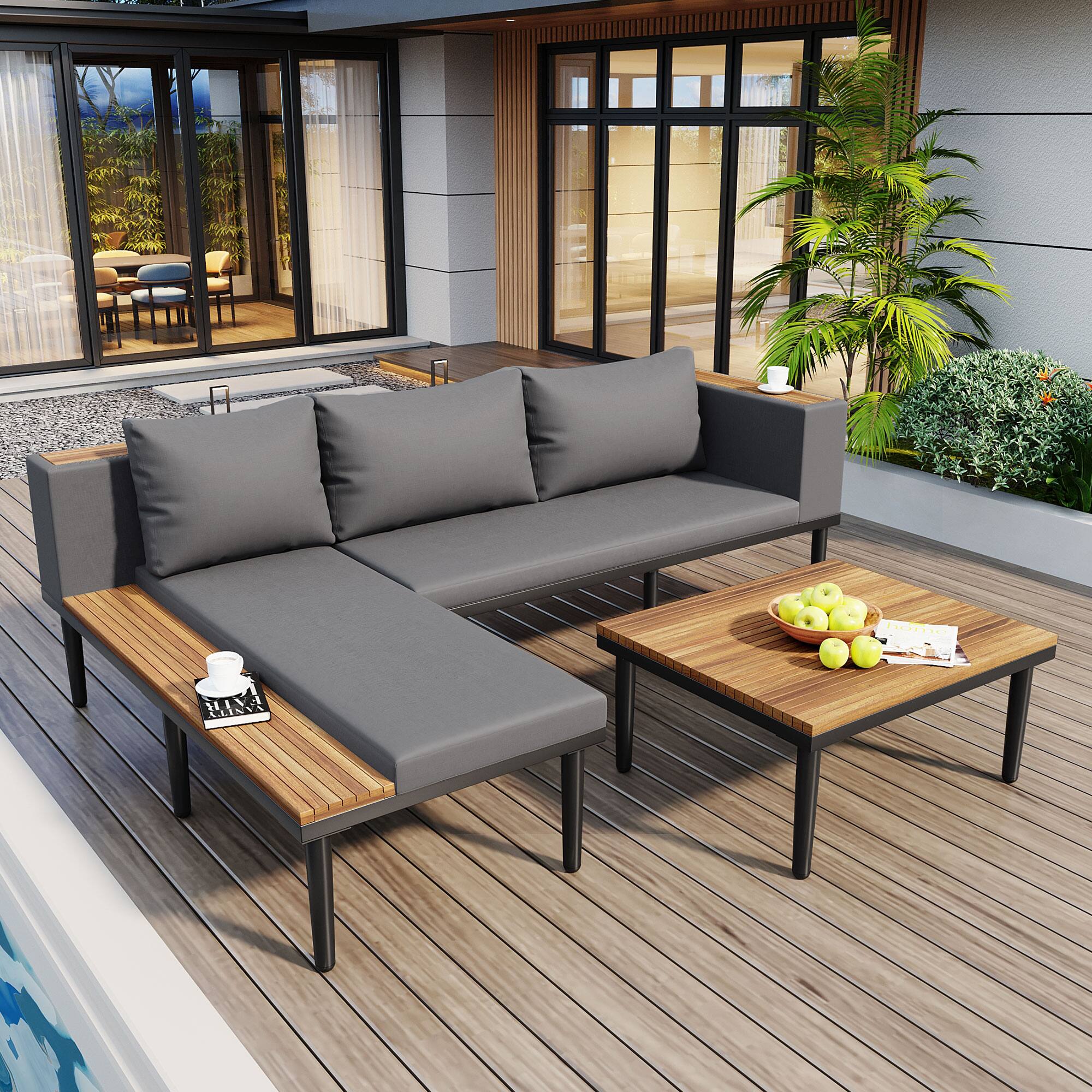 Front. Whisen - L-Shaped Acacia Wood Outdoor Sectional Sofa Set with Coffee Table, Patio Conversation Set for 6-Person Seating - Gray.