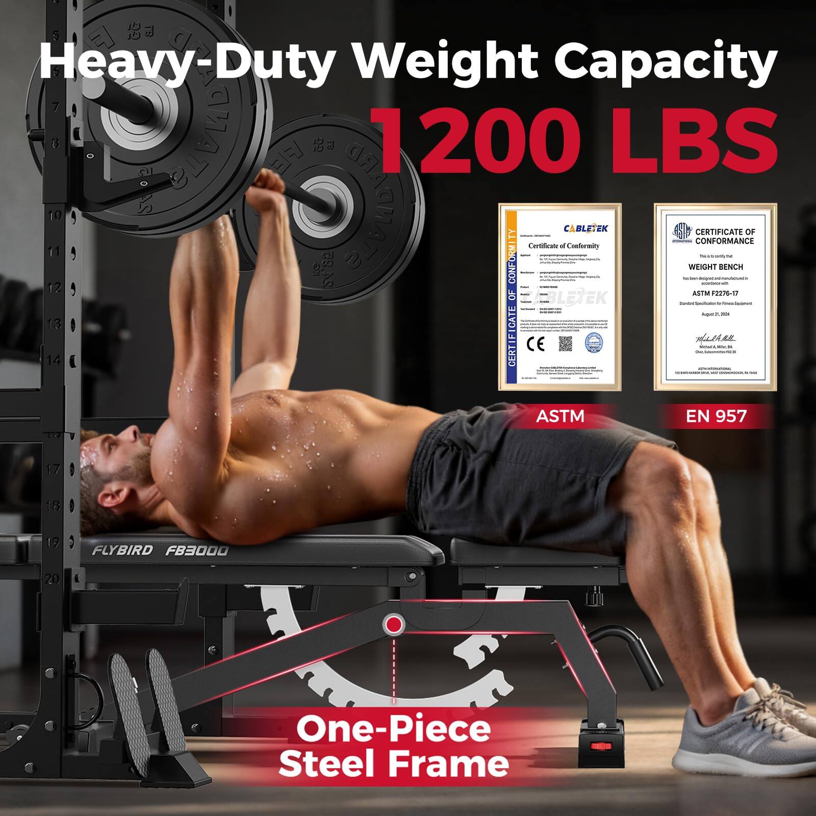 Heavy-Duty Weight Capacity  
1200 LBS  

Certificate of Conformity  
CABLETEK  
- ASTM F2270-17  
- EN 957  

One-Piece Steel Frame  

ASTM  
EN 957