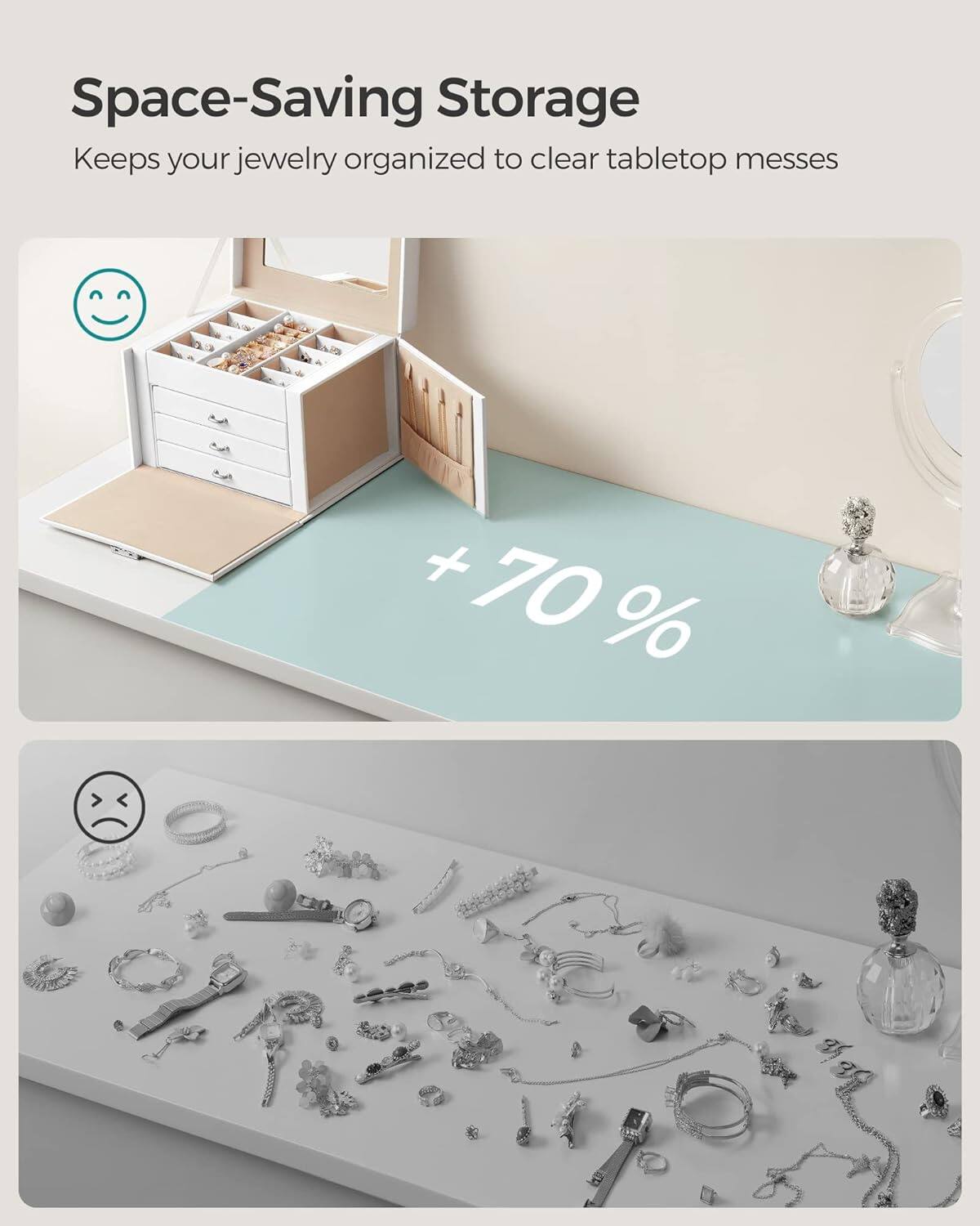 Space-Saving Storage  
Keeps your jewelry organized to clear tabletop messes  

+70%