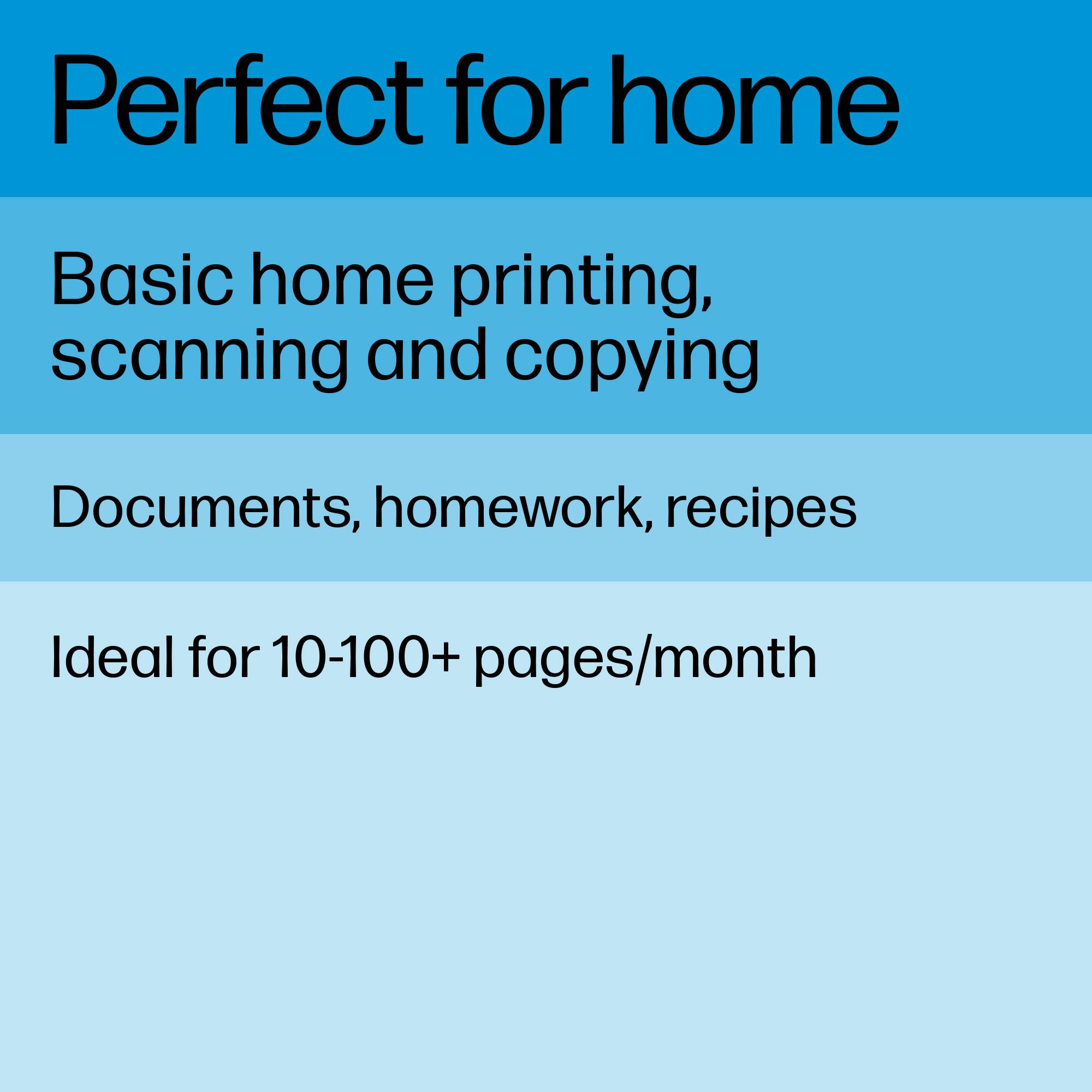 Perfect for home: Basic home printing, scanning and copying. Documents, homework, recipes. Ideal for 10-100+ pages/month.
