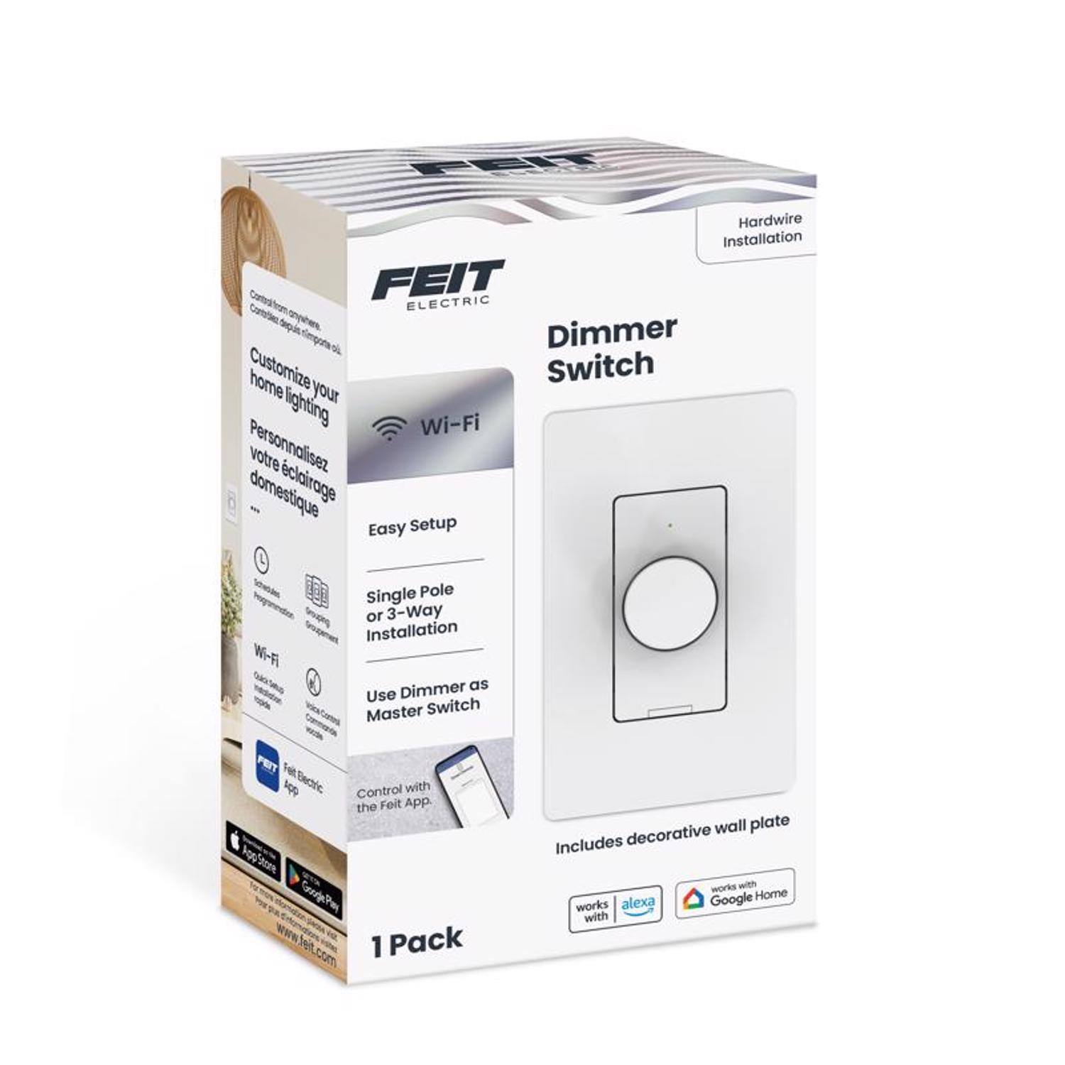 FEIT ELECTRIC Dimmer Switch

- Hardwire Installation
- Wi-Fi Dimmer
- Customize your home lighting
- Personnalisez votre éclairage domestique
- Easy Setup
- Single Pole or 3-Way Installation
- Use Dimmer as Master Switch
- Control with the Feit App
- Includes decorative wall plate
- Works with Google Home
- Works with Alexa

1 Pack