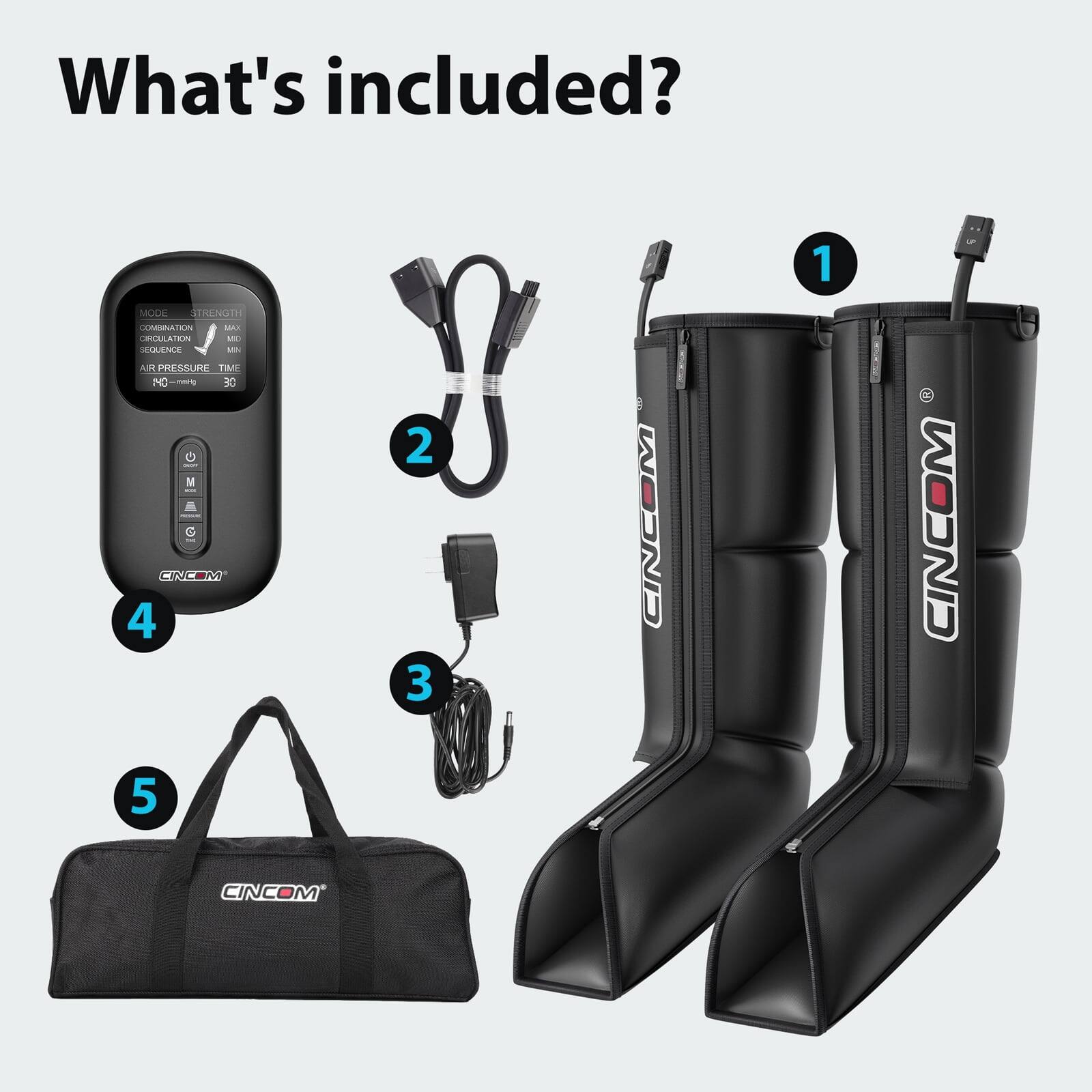 What's included?

1. CINCOM boots
2. Power cable
3. USB cable
4. Control unit
5. Carrying bag