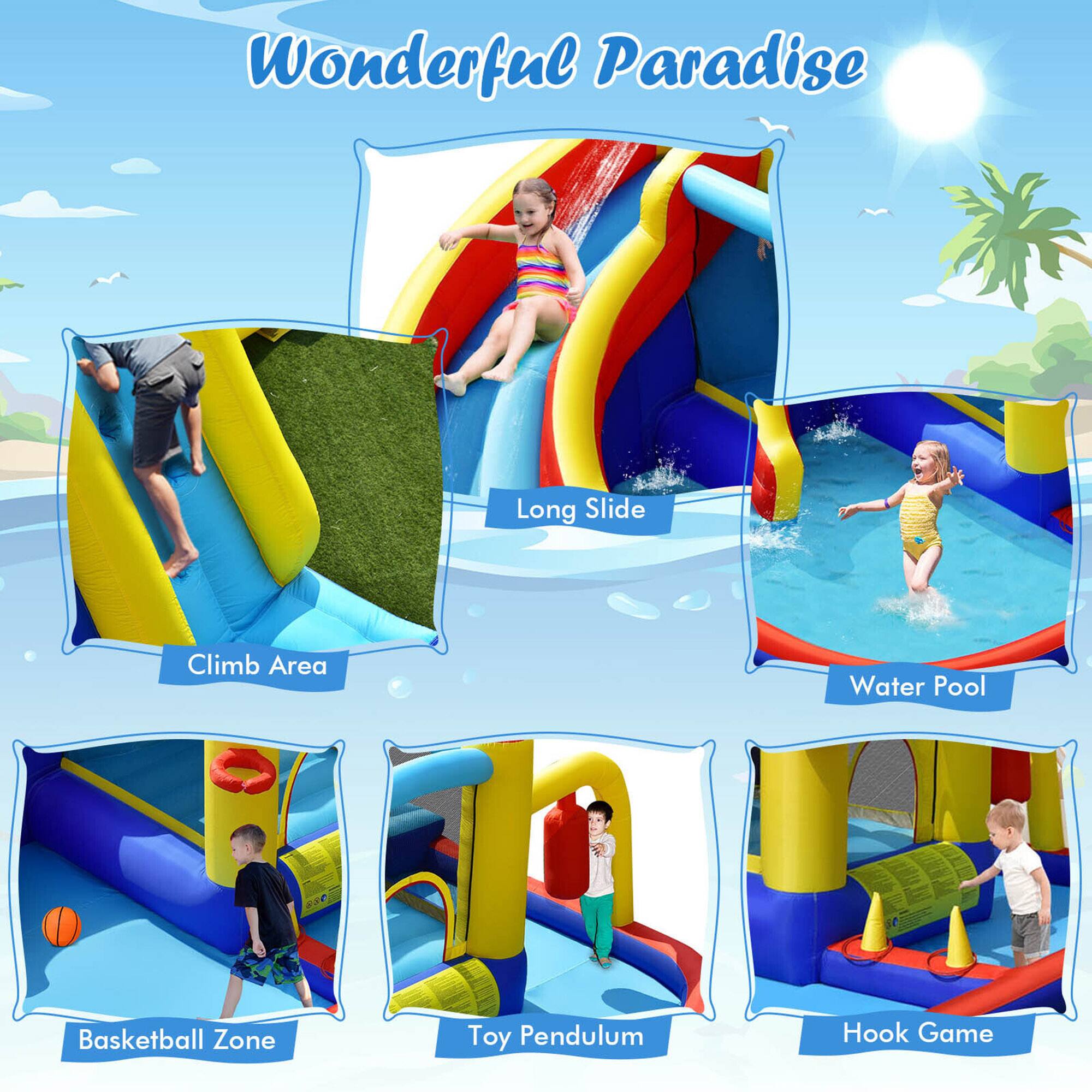 Wonderful Paradise

- Long Slide
- Climb Area
- Water Pool
- Basketball Zone
- Toy Pendulum
- Hook Game