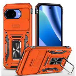 Kitcheniva - Shockproof Camera Lens Sliding Cover Magnetic Ring Stand Phone Case With Tempered Glass For Google Pixel 10a Cosmic Oran - Cosmic Orange