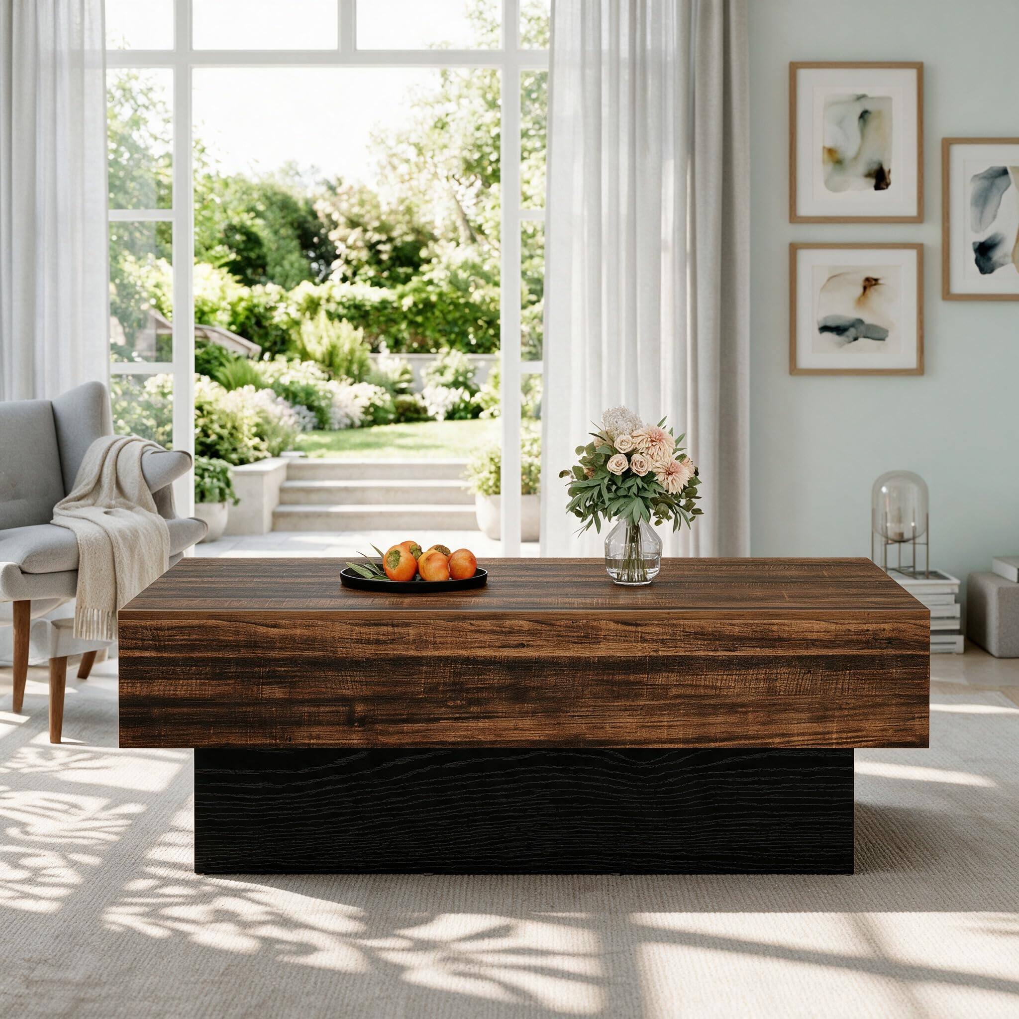 Alt View 2. Tribesigns - 55" Large Rectangle Coffee Table for Living Room - Brown & Black.