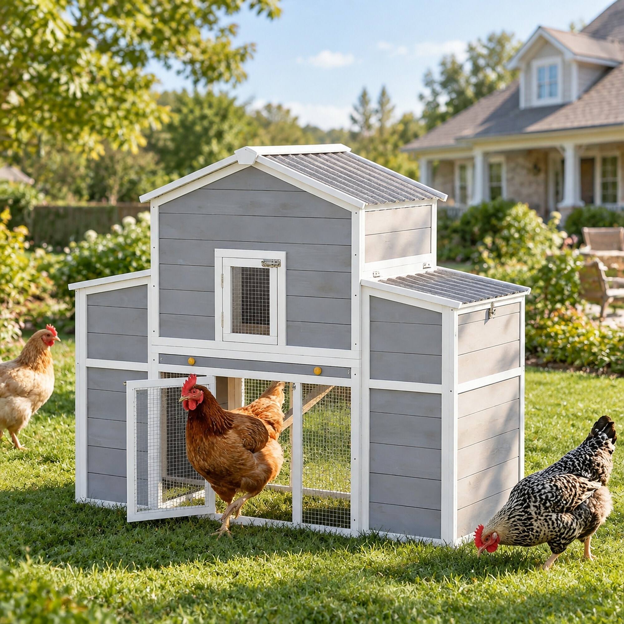 Left. RYHNUYNE - Wooden Chicken Coop, 66.5 in Large Pet House, Pine Wood, 2-4 Chickens, Gray.
