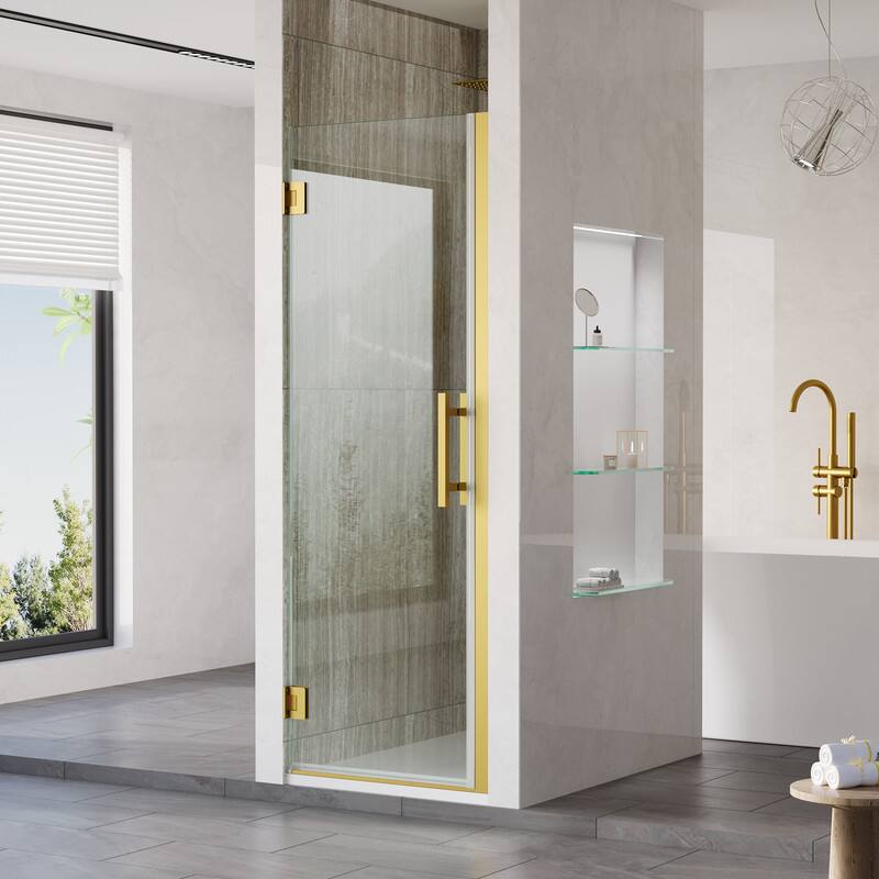 Left. WELLFOR - 26–27 in. W x 72 in. H Frameless Hinged Shower Door with 3/8" Clear Tempered Glass, Reversible Opening - Brushed Gold.