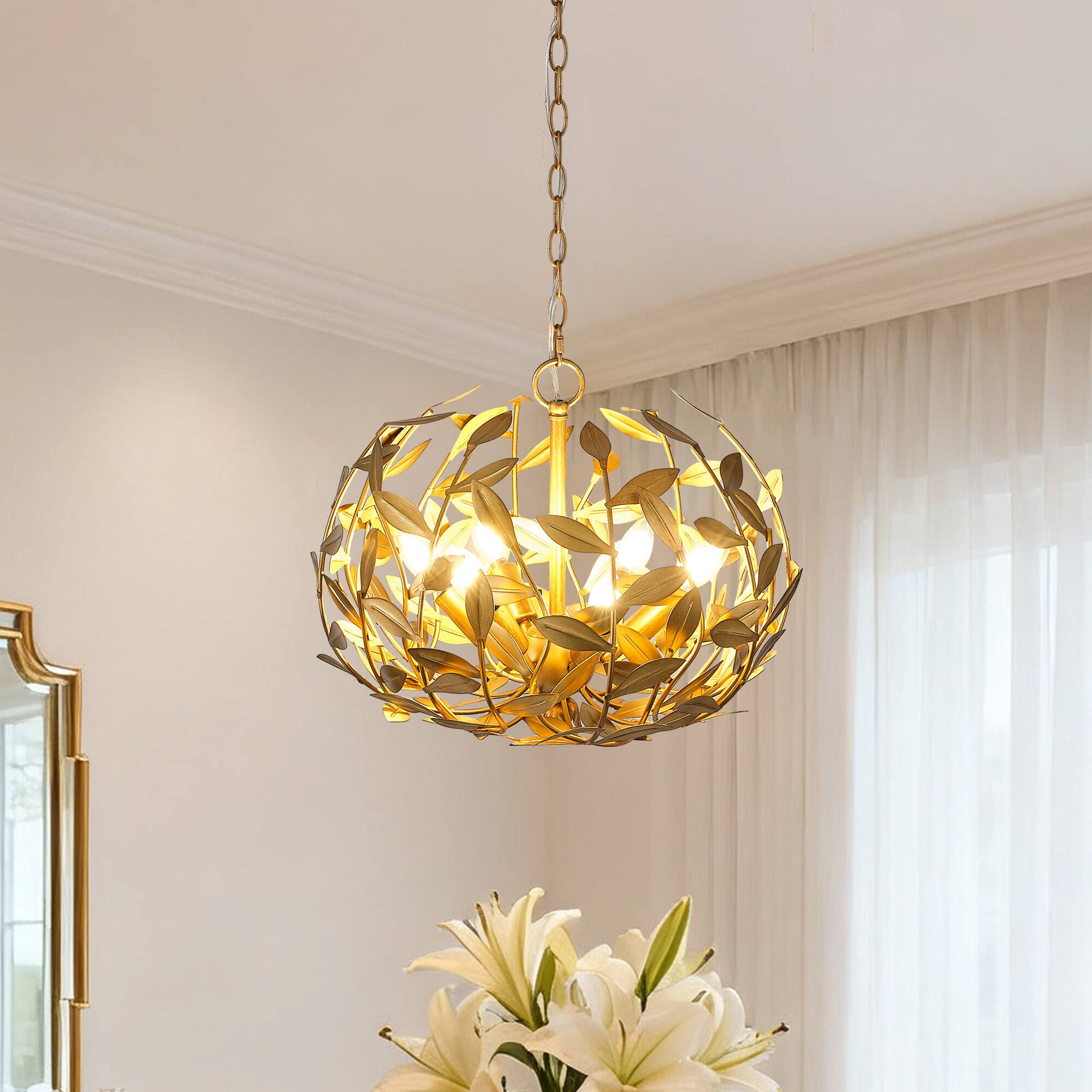 Front. Parrot Uncle - 20" Modern 6-Light Gold Chandelier with Leaf Metal Shade - Gold.