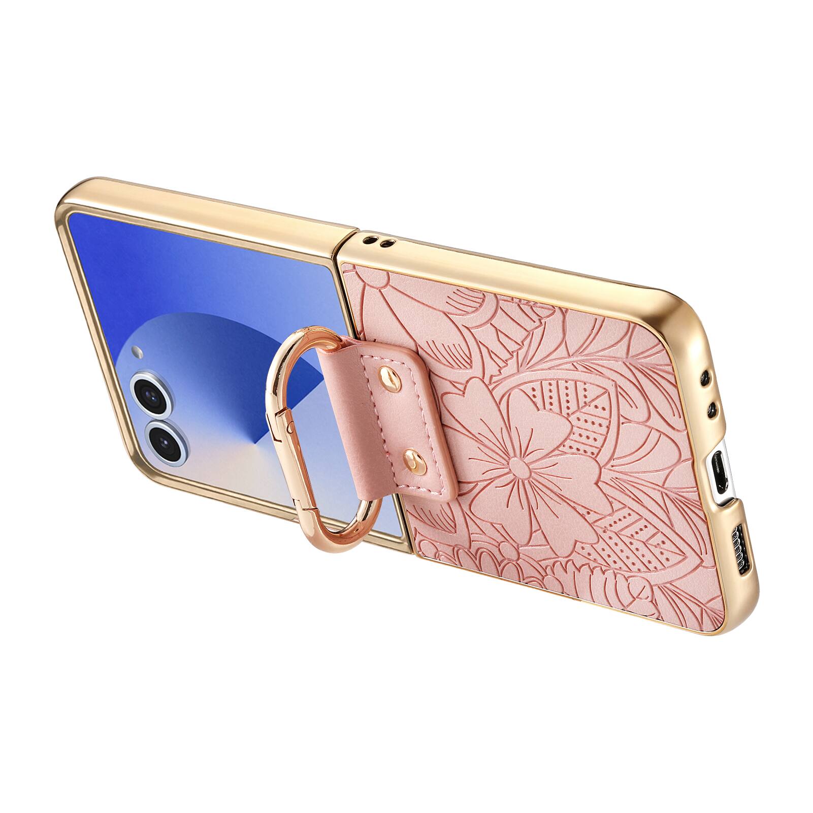 Alt View 4. Dteck - Shockproof Floral Leather Texture Case for Samsung Galaxy Z Flip8, Electroplated Rigid Plastic Cover with Ring Holder - Pink.