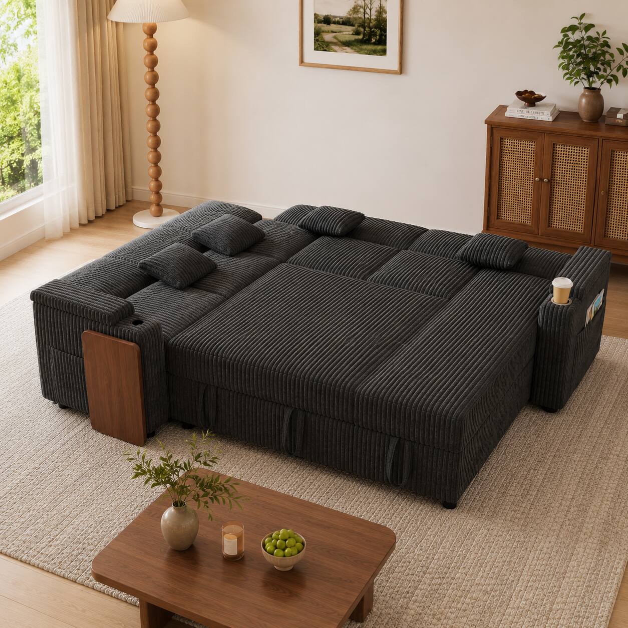 Angle. Anysun - 100" Pull-Out Sofa Bed with USB Ports, Storage Areas, Table Board & Cup Holder, Extra-Large U-Shaped Combination - Dark Gray.