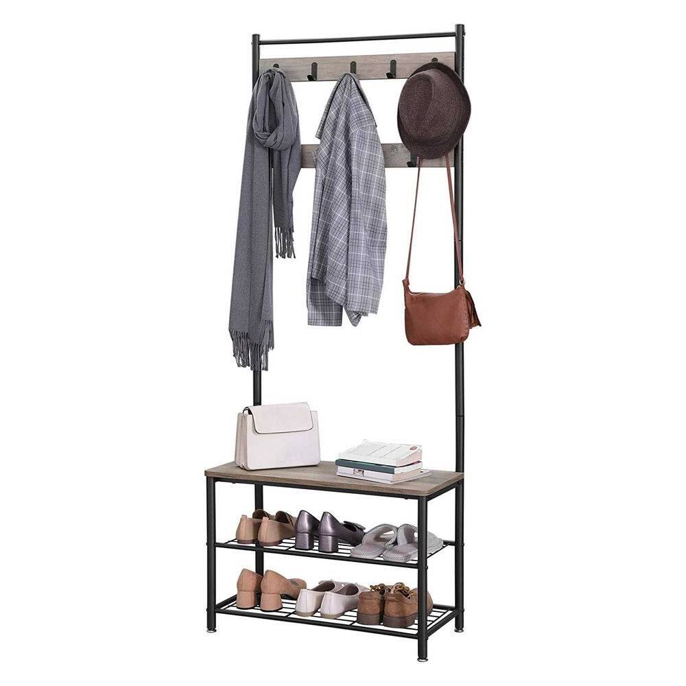 Back. Hivvago - Hivvago Modern Industrial Black Grey Entryway Coat Rack Shoe Bench with 2 Shelves - Greige, Black.