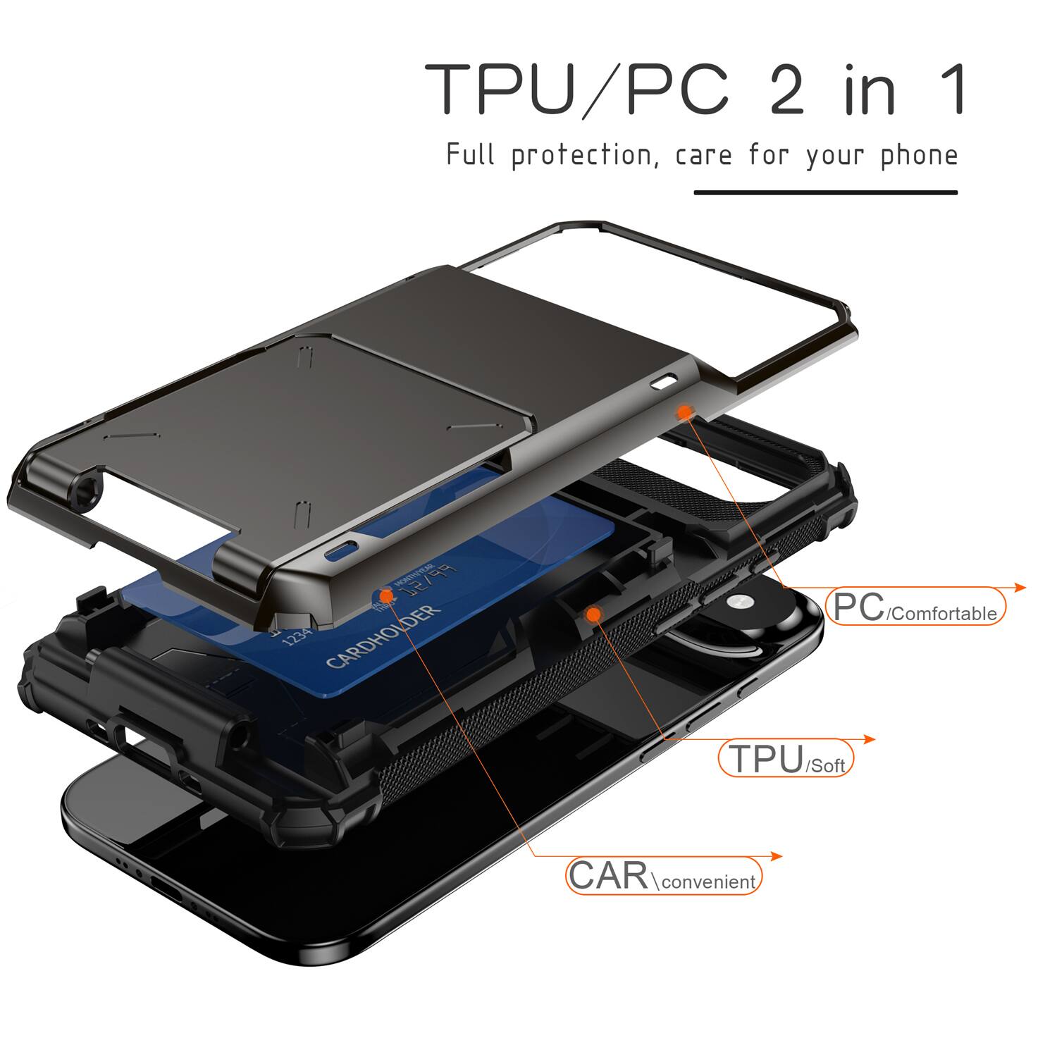 TPU/PC 2 in 1 Full protection, care for your phone

PC/Comfortable

TPU/Soft

CAR/Convenient
