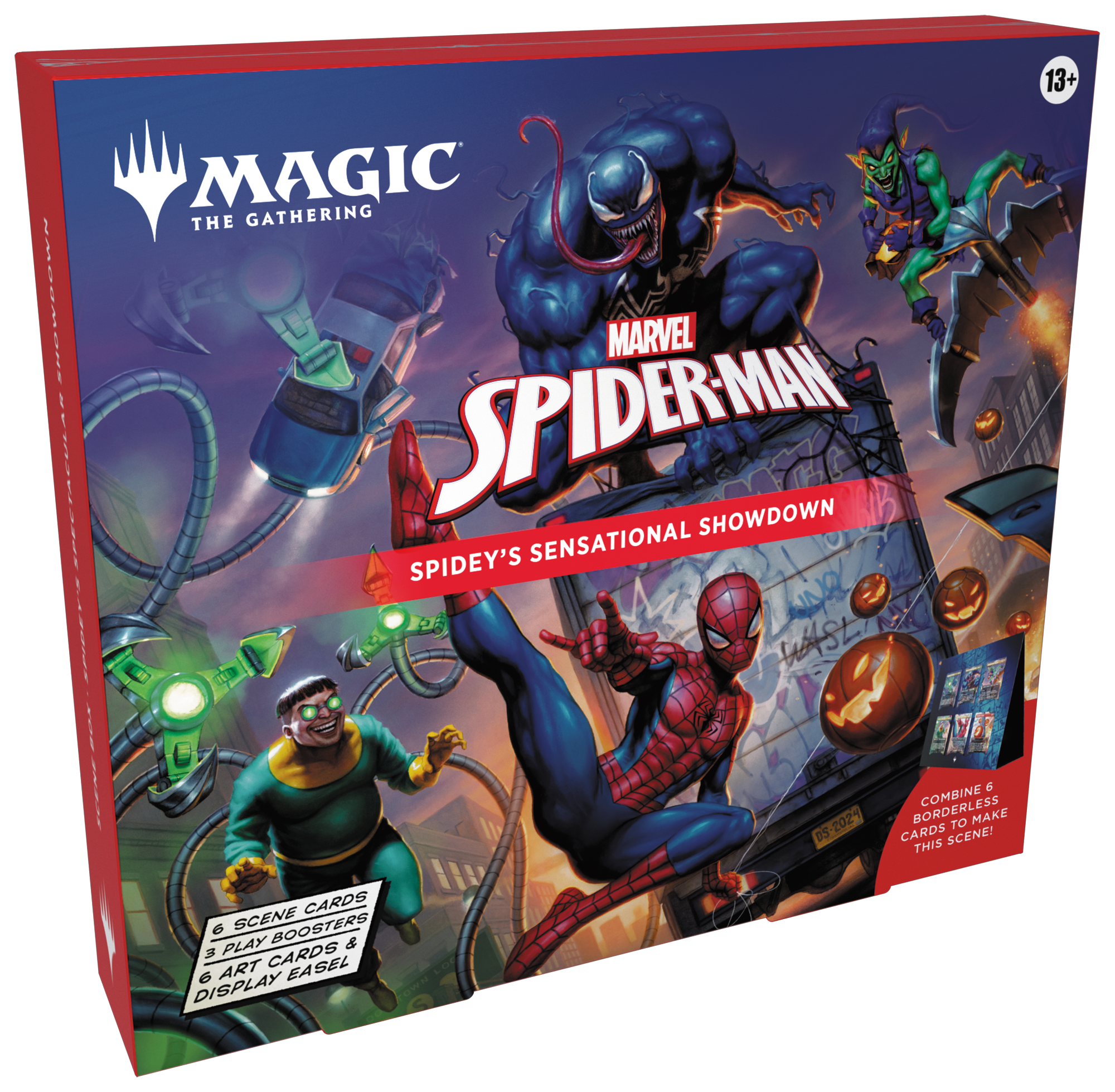 MAGIC THE GATHERING, MARVEL SPIDER-MAN SHOWDOWN, SPIDEY'S SENSATIONAL SHOWDOWN, 13+, DS 2024, 5 COMBINE BORDERLESS CARDS TO MAKE THIS SCENE!, 6 SCENE CARDS, 3 PLAY BOOSTERS, 6 ART CARDS, DISPLAY EASEL