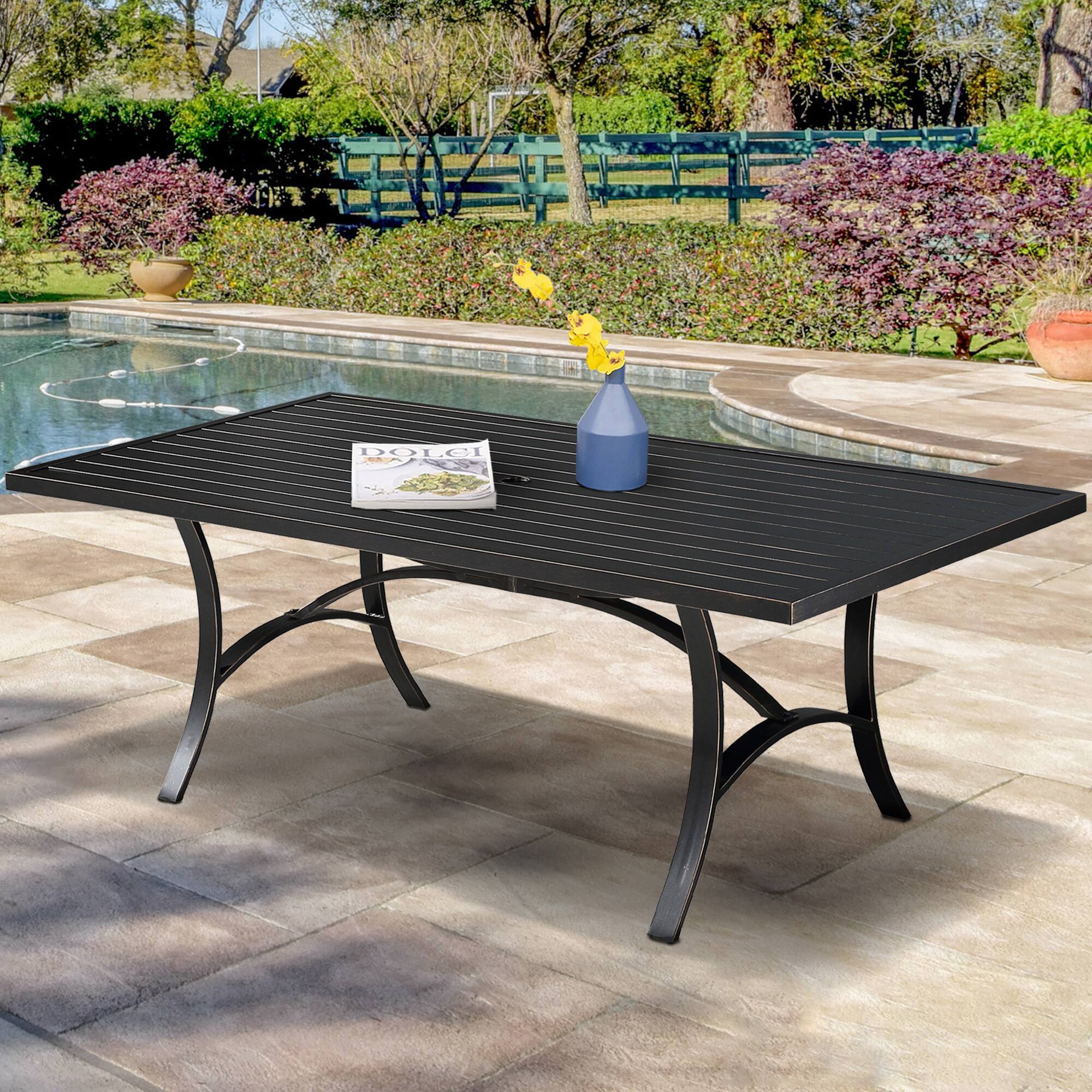 Angle. Mondawe - Outdoor Aluminum Dining Table with Umbrella Hole - Black.