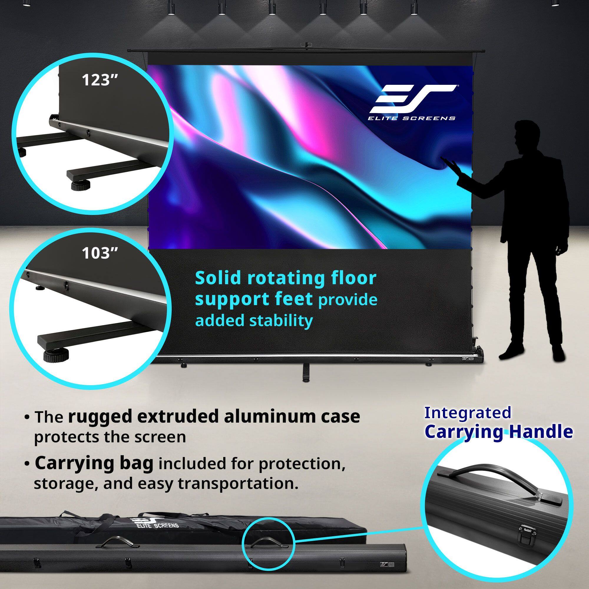 123"  
103"  

Solid rotating floor support feet provide added stability  

The rugged extruded aluminum case protects the screen.  
Carrying bag included for protection, storage, and easy transportation.  

Integrated Carrying Handle