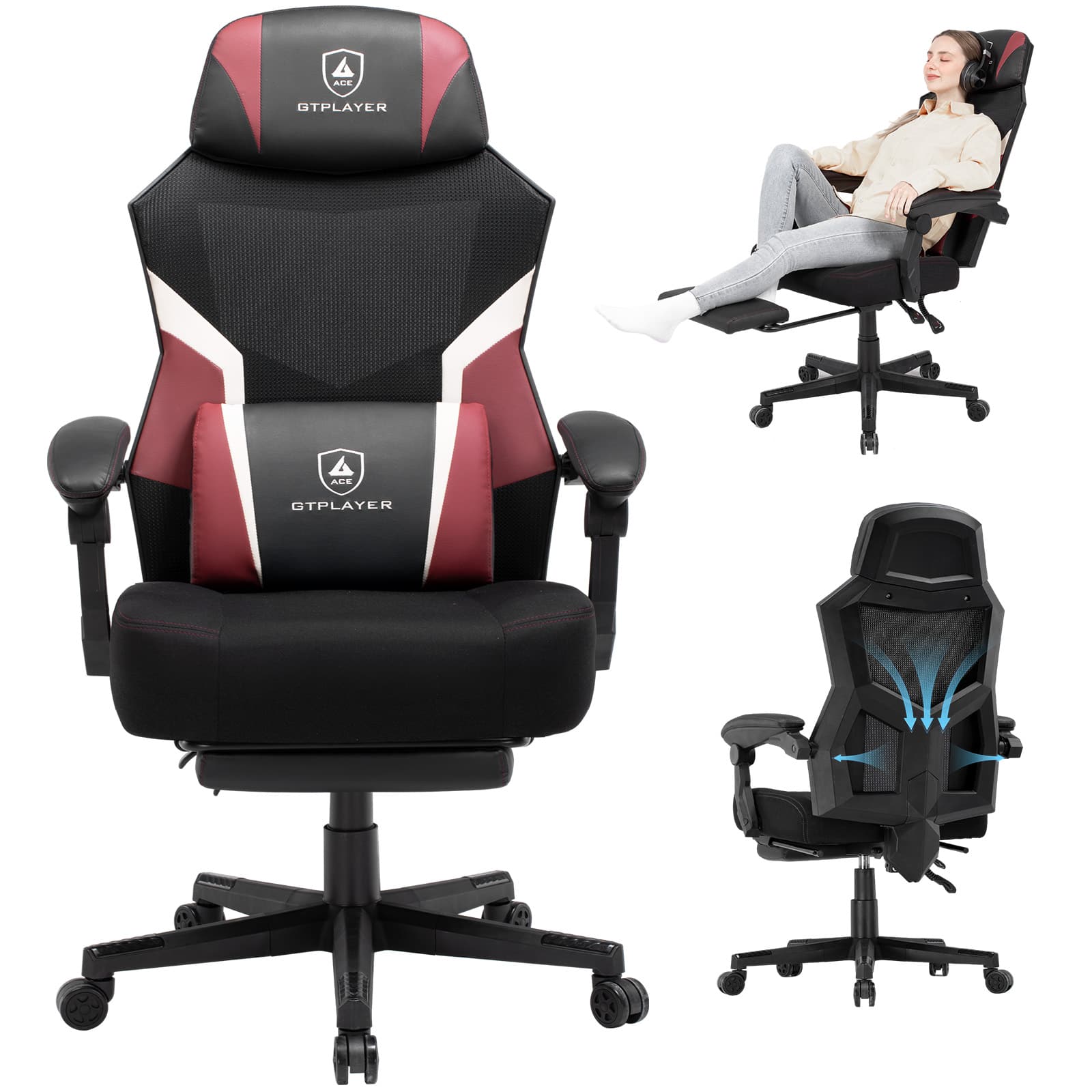 GTPlayer - Gaming Chair with Wider Cushion Breathable Mesh Computer Office Chair - Red