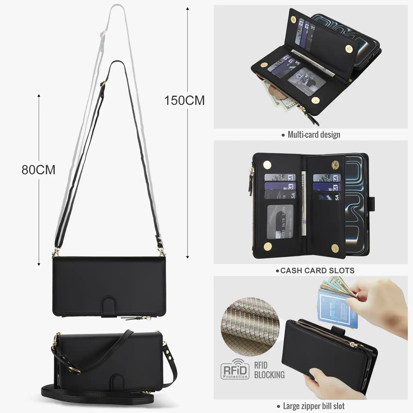 A2  
SA  
150CM  
Multi-card design  
80CM  
2 DRIN 5674  
SA SA  
SA SA SA  
CASH CARD SLOTS  
RFID Protection BLOCKING  
Large zipper bill slot