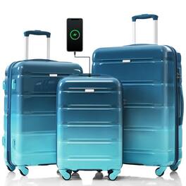 BreeBe - Luggage Set of 3, 20-Inch Carry-On with USB Port, Airline Approved ABS+PC Hard Shell Suitcases with Spinner Wheels - Blue