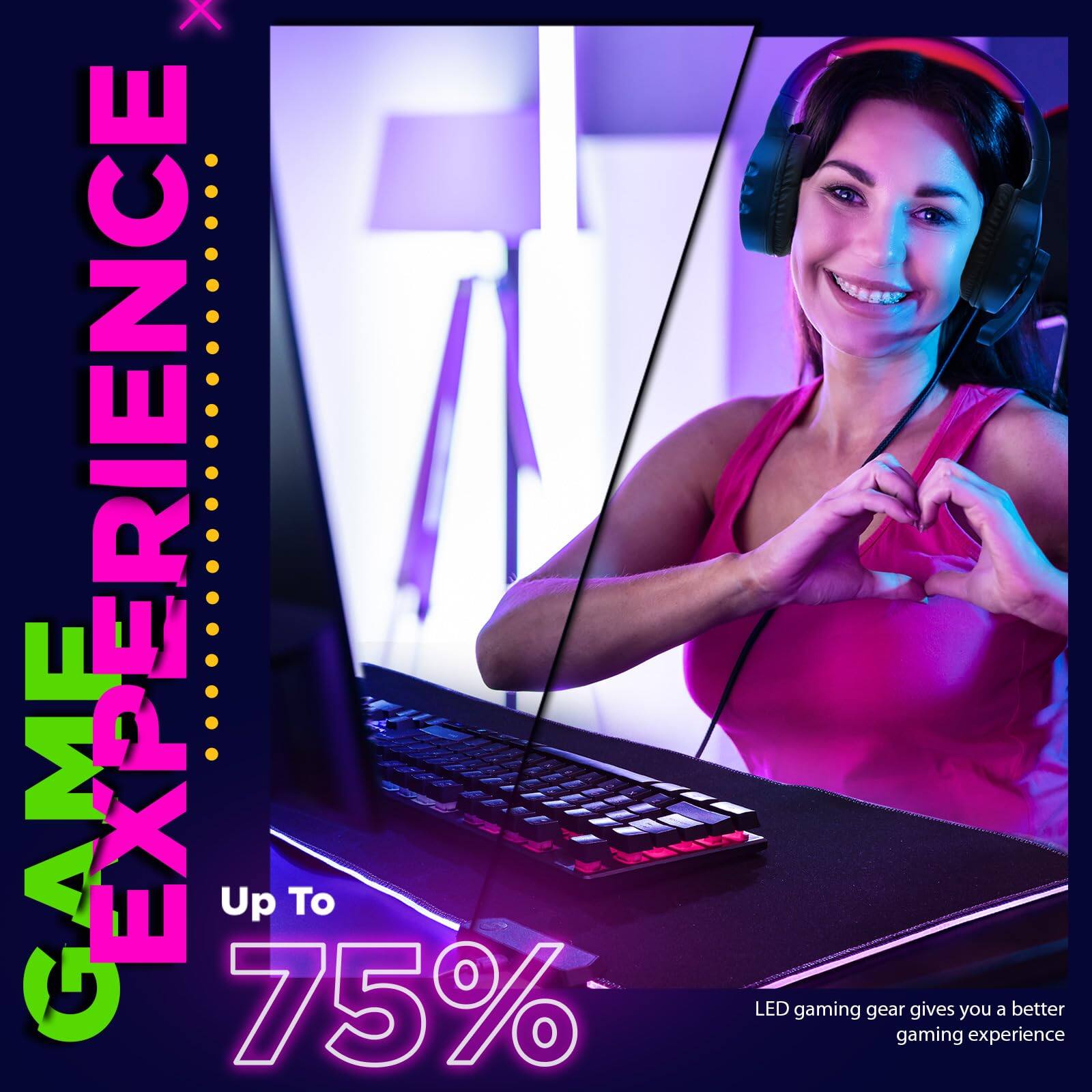 **GAME EXPERIENCE**

Up To 75%

LED gaming gear gives you a better gaming experience