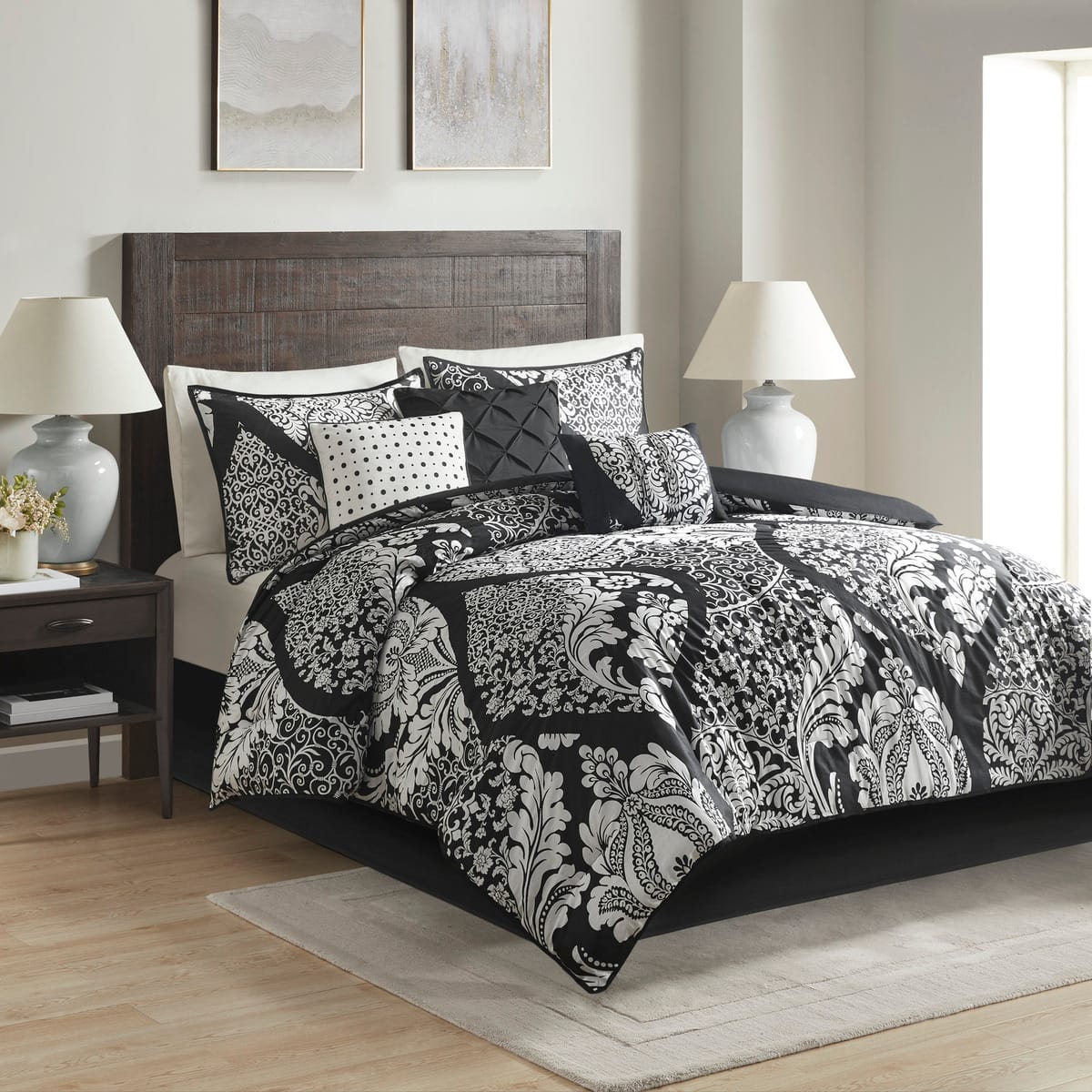 TinyHomie - 7 Piece Cotton Printed Comforter Set Queen - Black