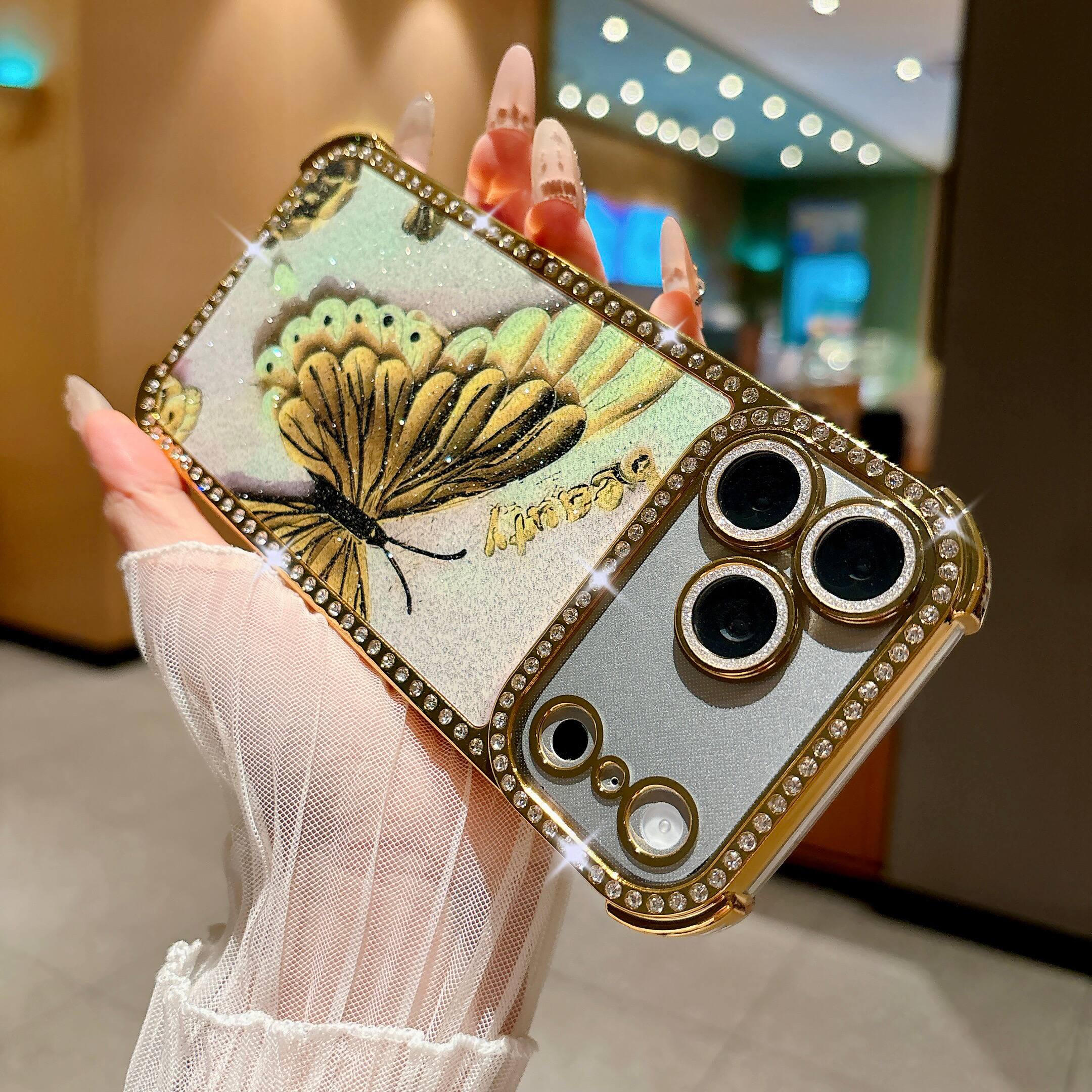 Front. Dteck - Dteck Luxury Bling Glitter Butterfly Rhinestone Case for Apple iPhone 17 Pro Max, Shockproof Hard PC TPU Cover - Gold.