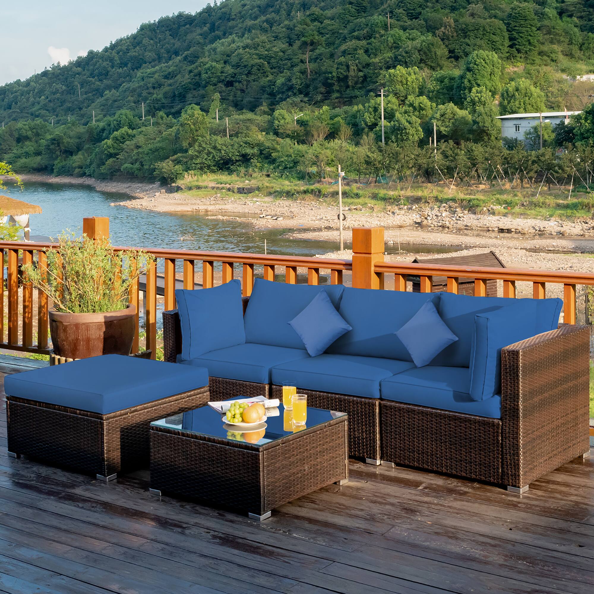 Alt View 1. Costway - Costway 5PCS Outdoor Patio Rattan Furniture Set Sectional Conversation W/Navy Cushions - Navy.