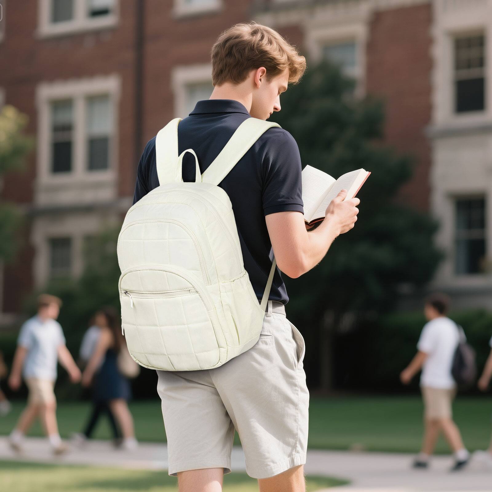 Alt View 5. Unique Bargains - Quilted Laptop Backpack for Women, Casual Work Daypack for 15.6" Laptop, Travel Bag with Luggage Strap - Beige.