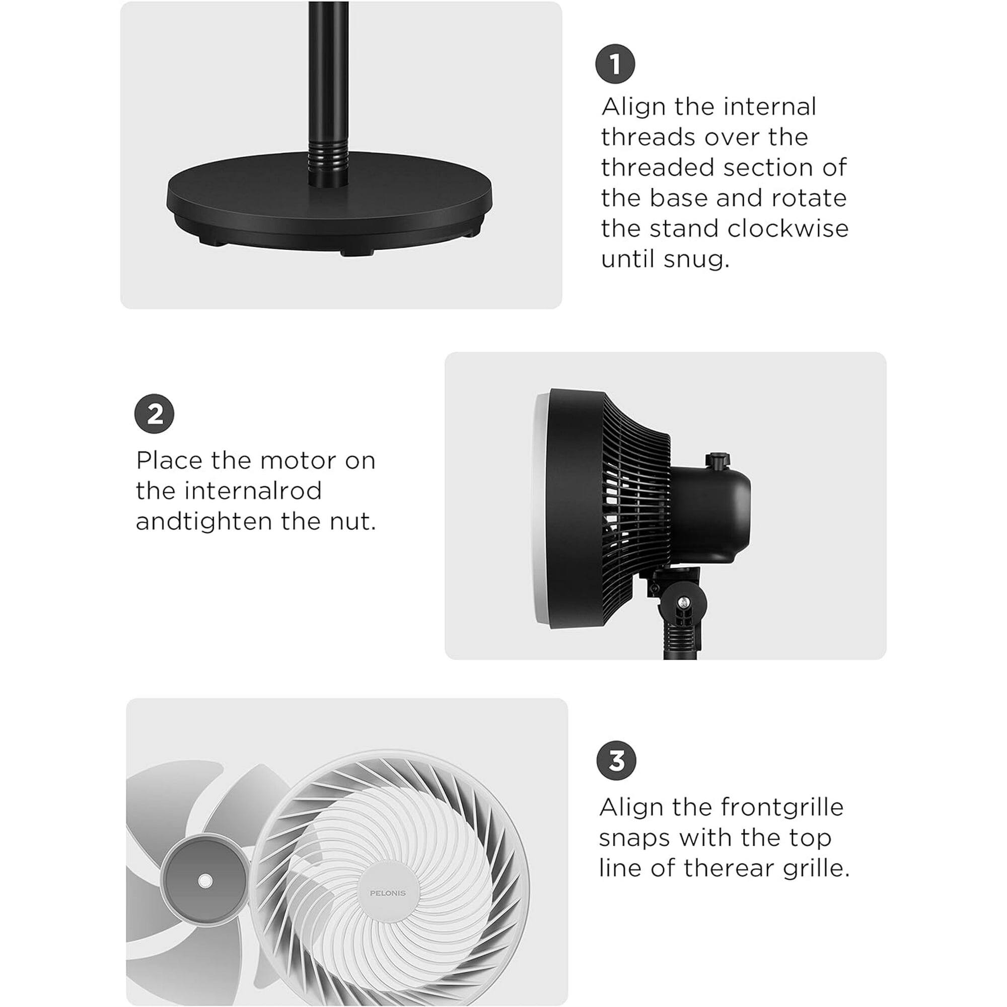 1. Align the internal threads over the threaded section of the base and rotate the stand clockwise until snug.

2. Place the motor on the internal rod and tighten the nut.

3. Align the front grille snaps with the top line of the rear grille.