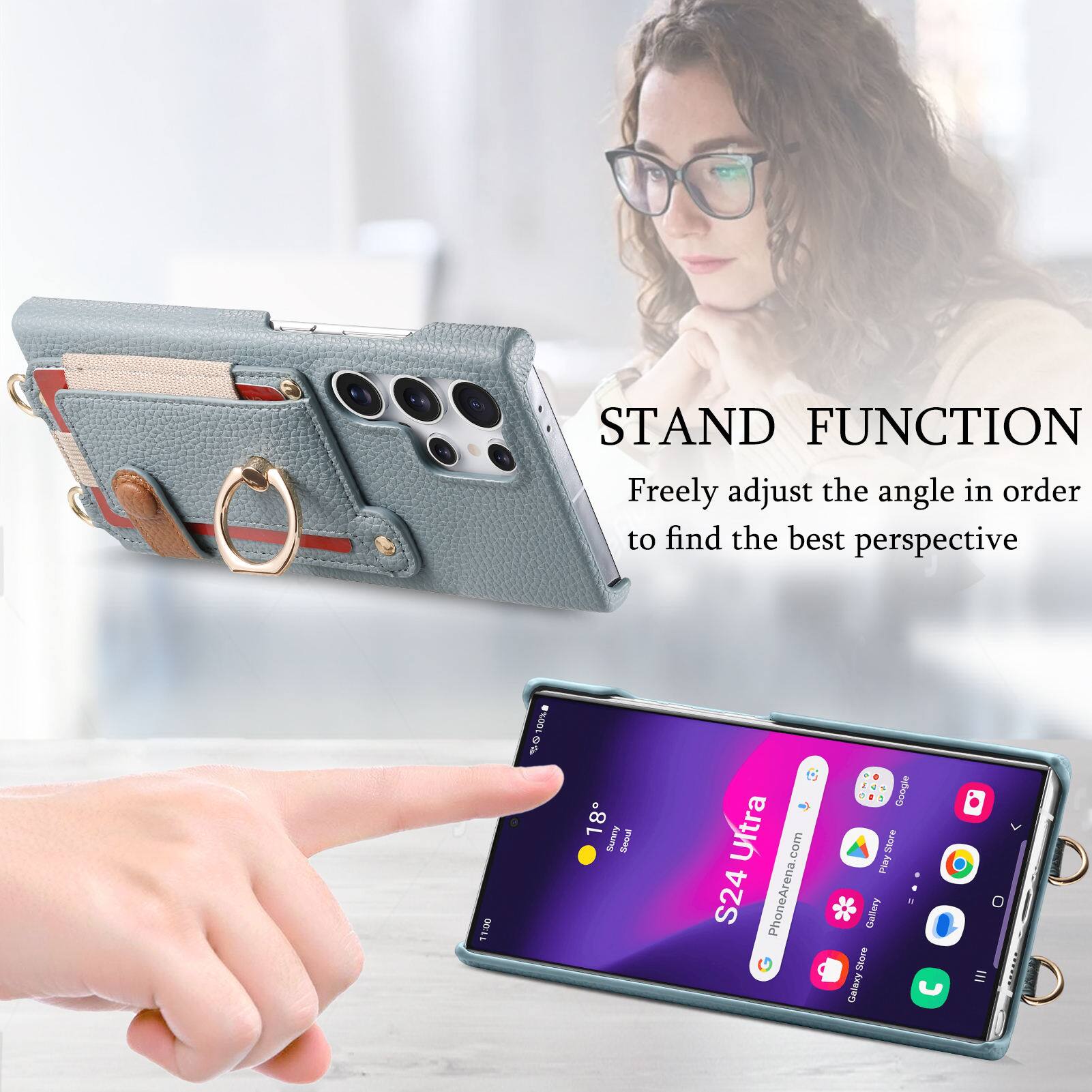 STAND FUNCTION  
Freely adjust the angle in order to find the best perspective

11:00 100%  
18 Sunery  
ioes Ultra com  
S24 PhoneArena  
1 Google  
PRONE E a Galliery  
29008 Galaxy