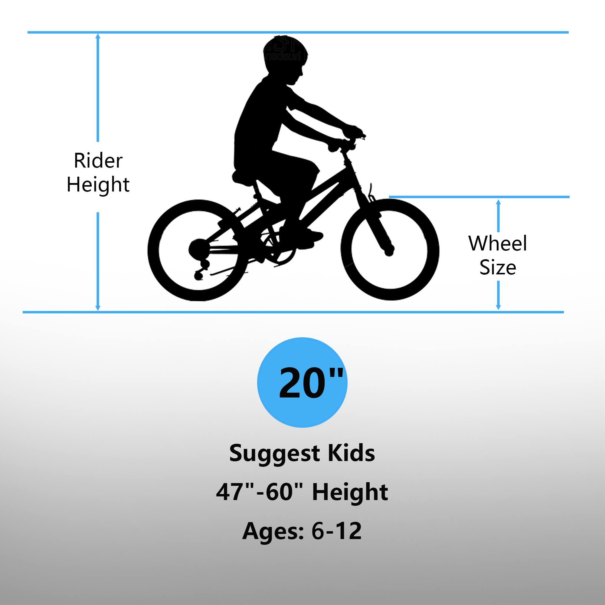 10 necsun Rider Height Wheel Size 20" Suggest Kids 47"-60" Height Ages: 6-12