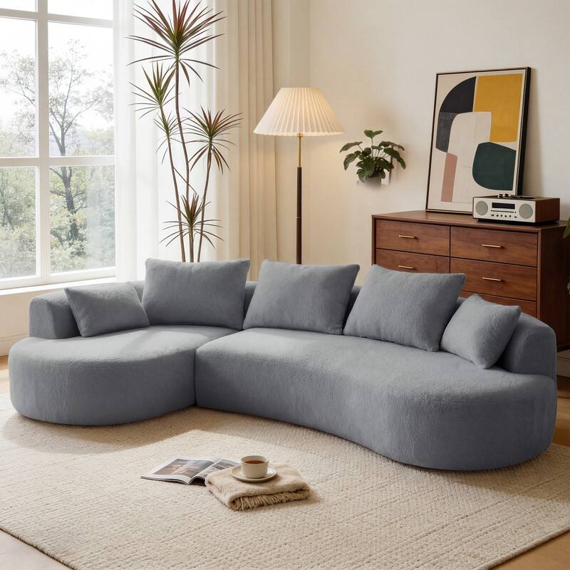 Angle. Dyonery - 122" Curved Corner Sofa with Chaise Lounge, Modern Luxury Lambswool Sofa, Includes 5 Pillows，Extra-Thick. - Grey.
