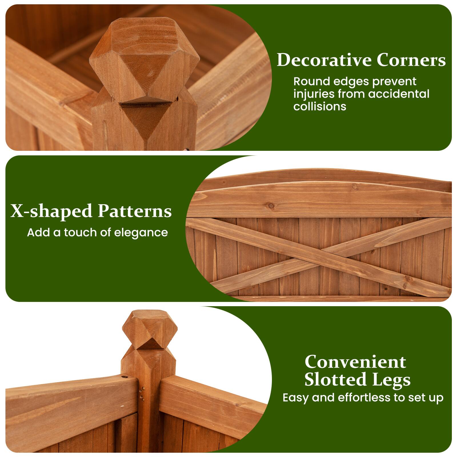 Decorative Corners  
Round edges prevent injuries from accidental collisions  

X-shaped Patterns  
Add a touch of elegance  

Convenient Slotted Legs  
Easy and effortless to set up