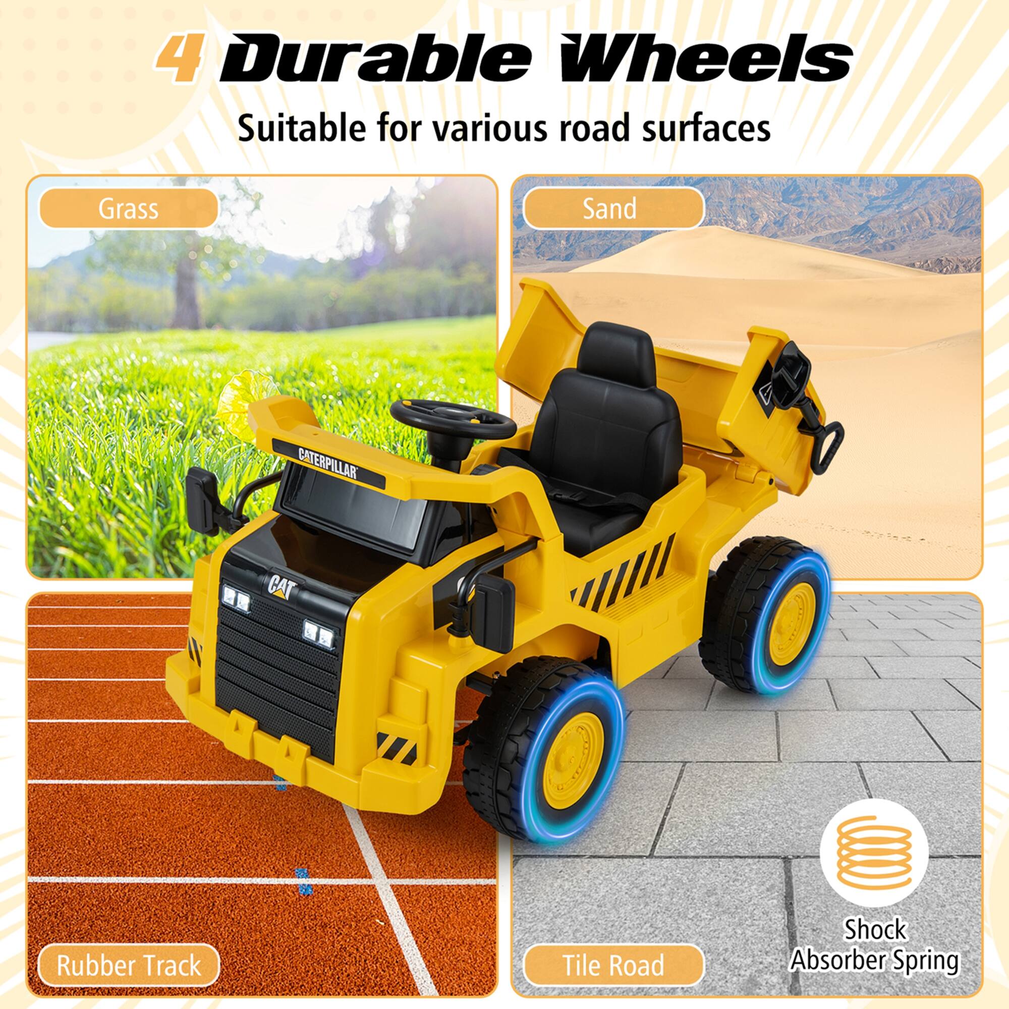 4 Durable Wheels  
Suitable for various road surfaces  

Grass  
Sand  
Rubber Track  
Tile Road  

Shock Absorber Spring