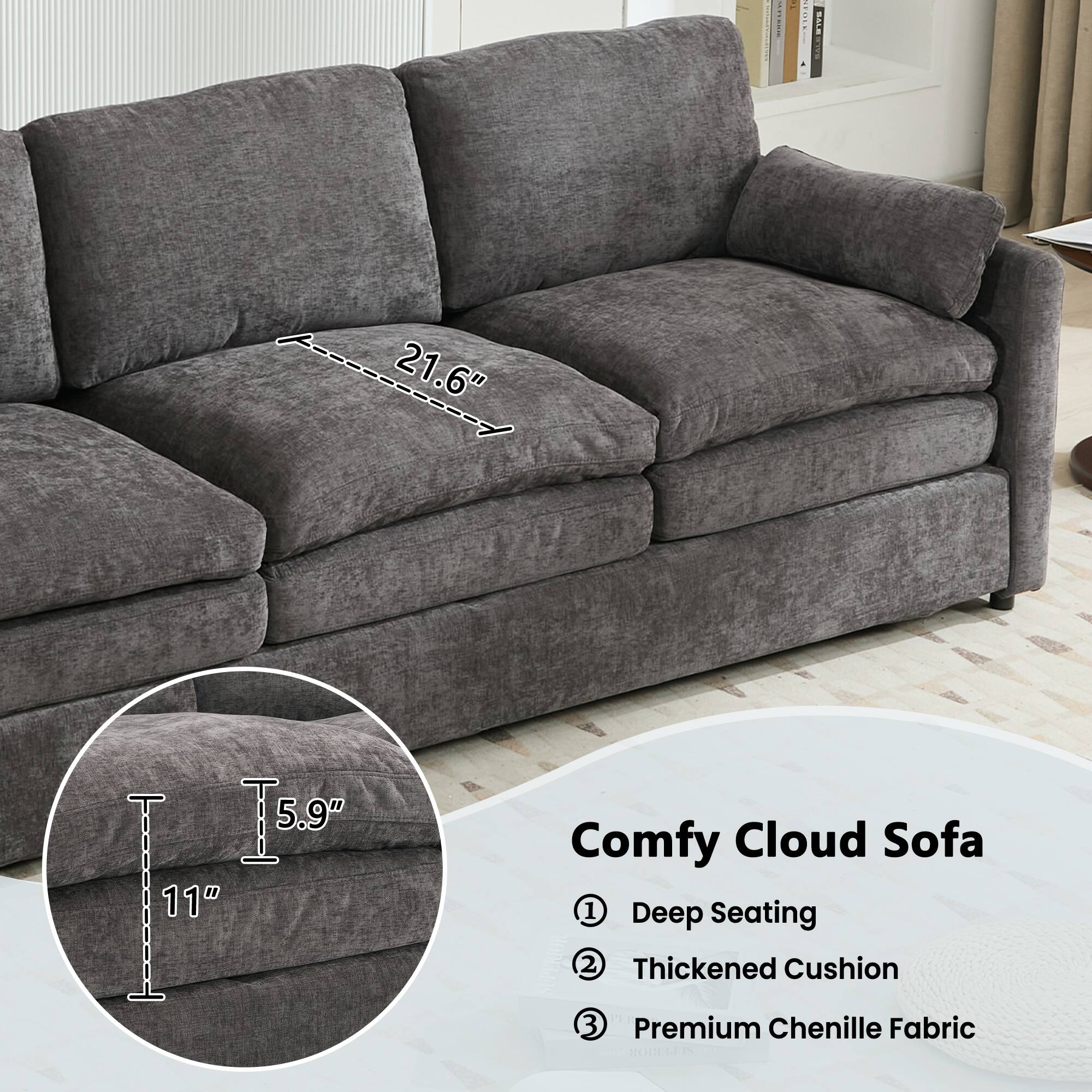Comfy Cloud Sofa

1. Deep Seating
2. Thickened Cushion
3. Premium Chenille Fabric

Dimensions:
- Width: 21.6"
- Depth: 11"
- Height: 5.9"